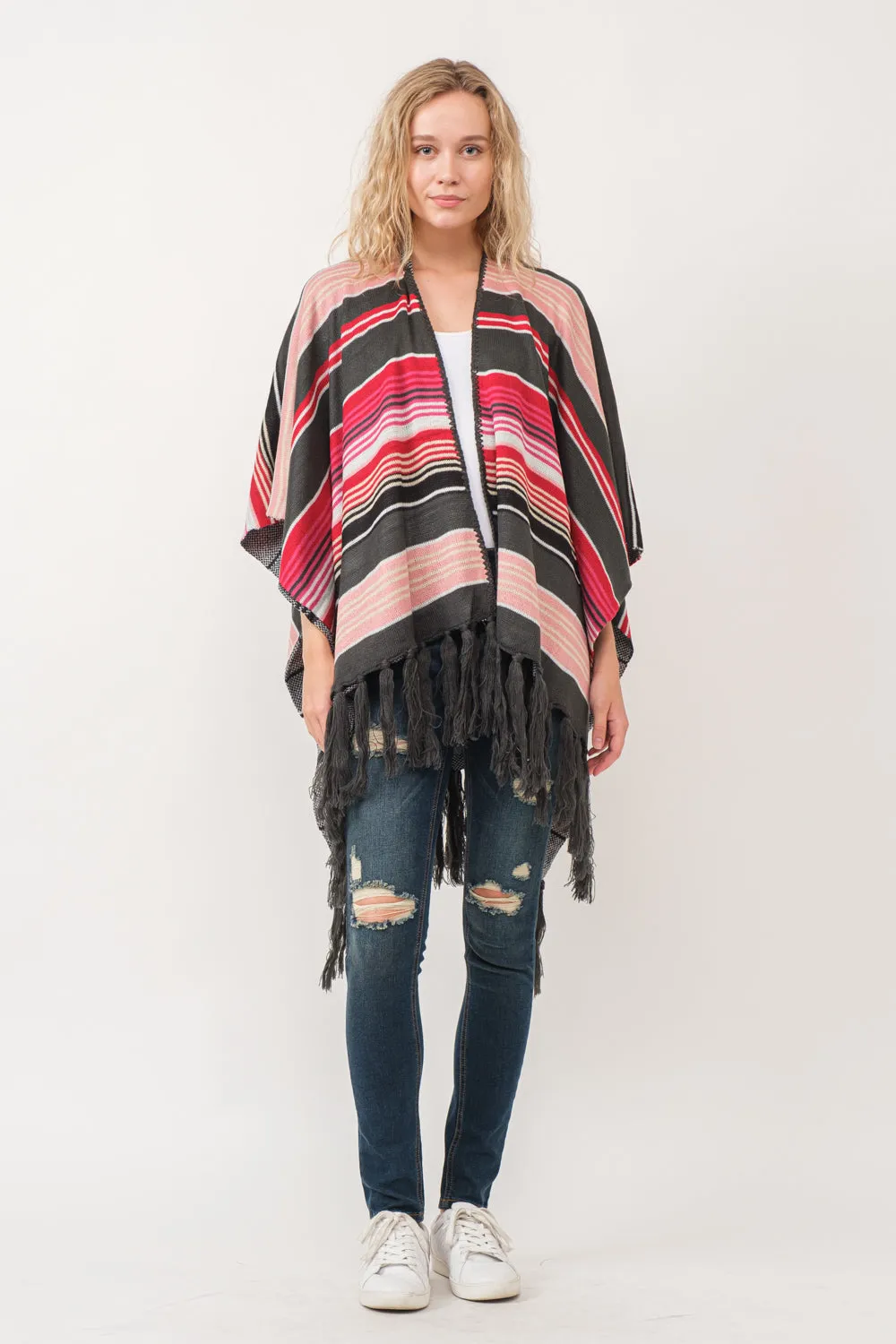 RAJ FREYA STRIPED PONCHO RUANA CHARCOAL/SCARLET