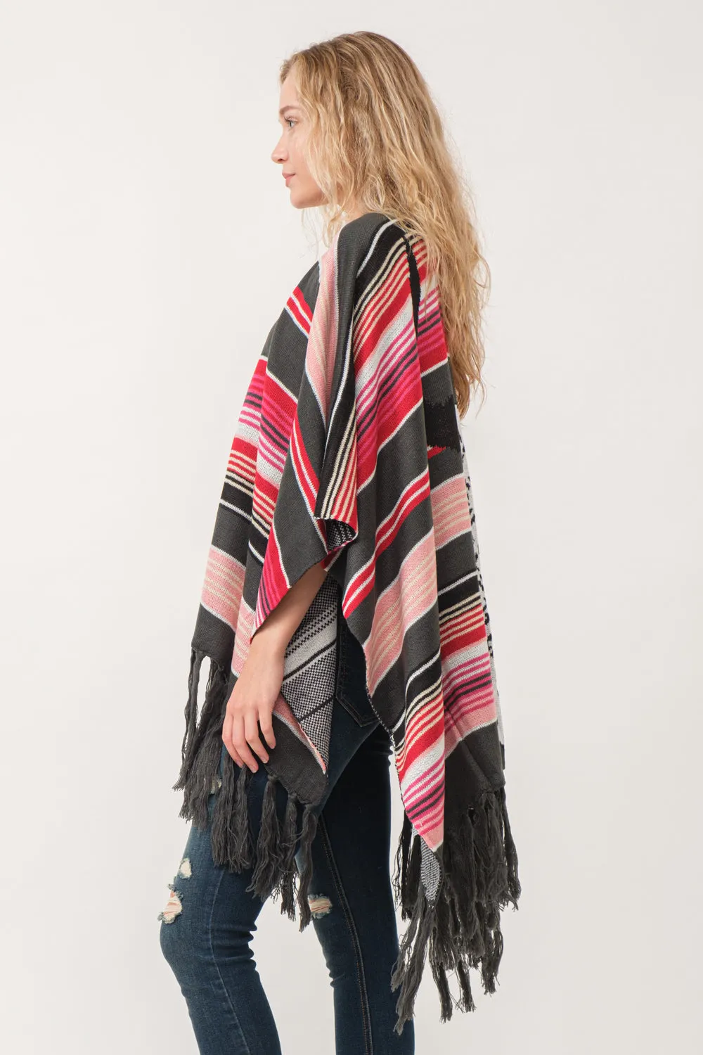 RAJ FREYA STRIPED PONCHO RUANA CHARCOAL/SCARLET