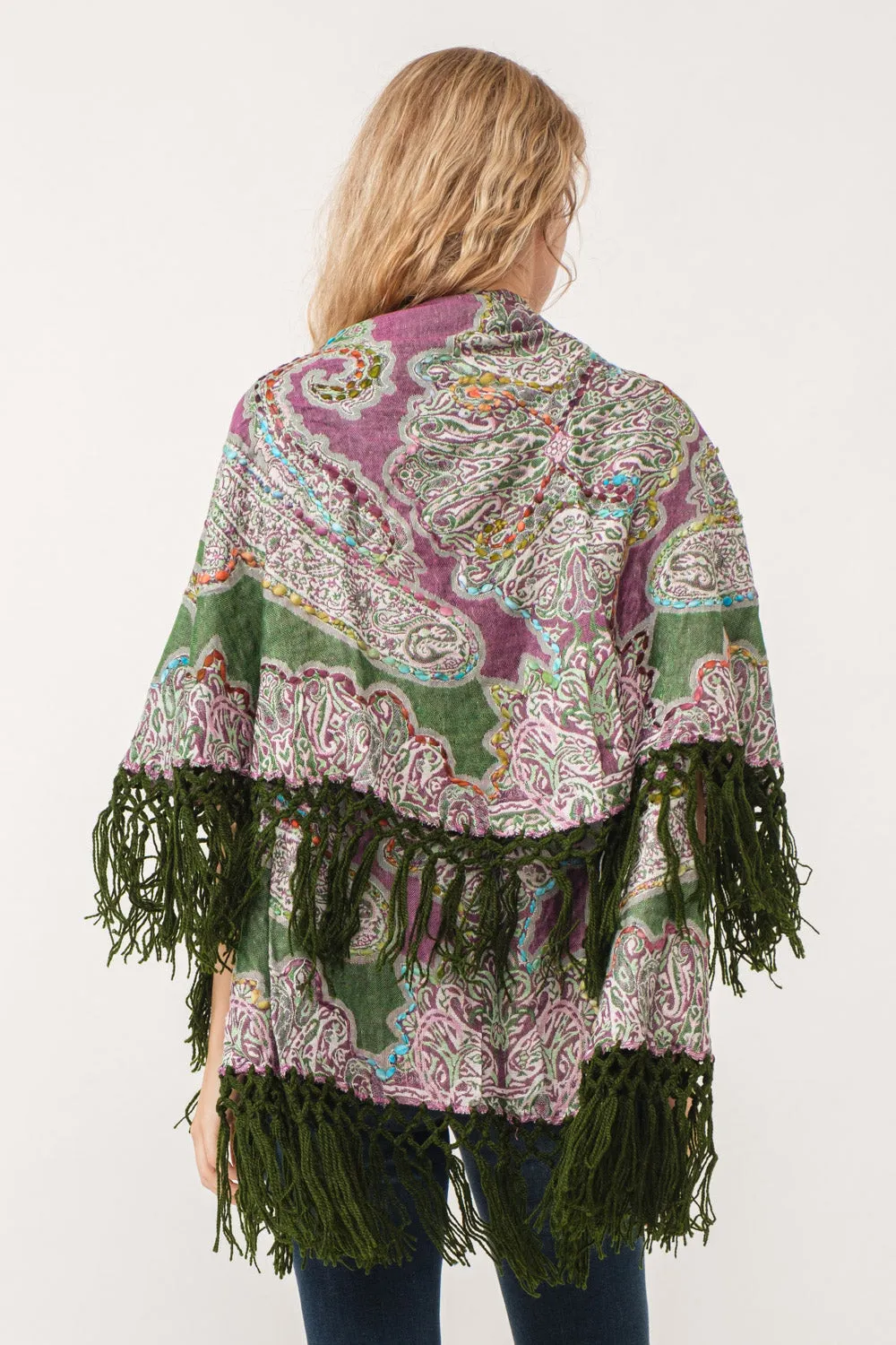 RAJ REGINA THICK STITCH EMBROIDERED PONCHO GREEN