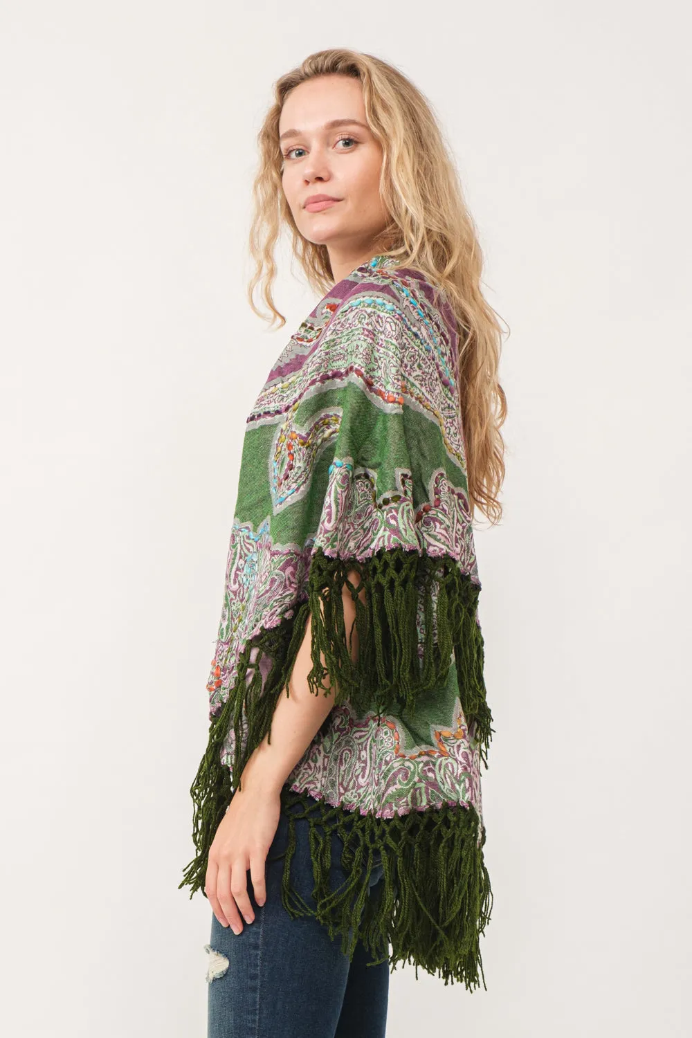 RAJ REGINA THICK STITCH EMBROIDERED PONCHO GREEN