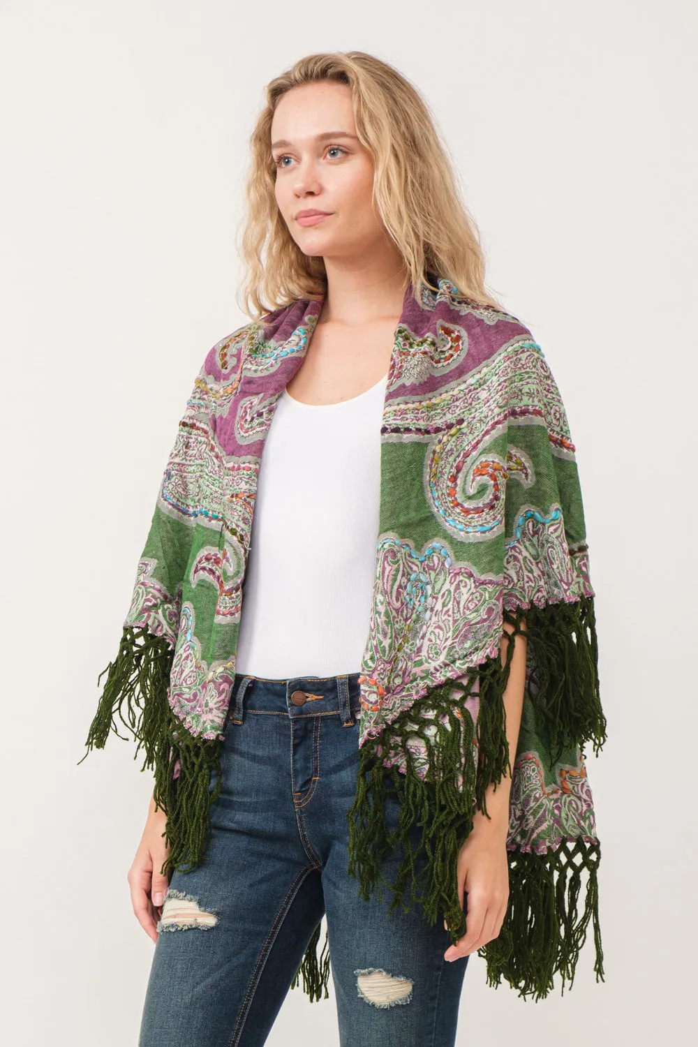 RAJ REGINA THICK STITCH EMBROIDERED PONCHO GREEN