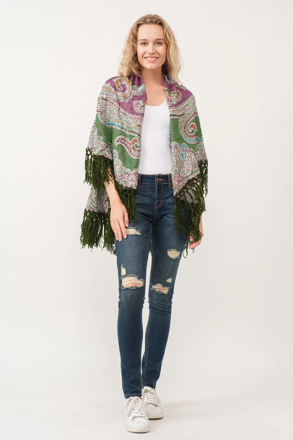 RAJ REGINA THICK STITCH EMBROIDERED PONCHO GREEN