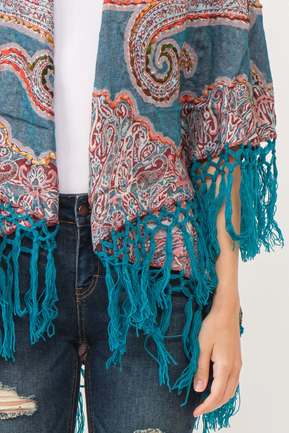 RAJ REGINA THICK STITCH EMBROIDERED PONCHO TEAL