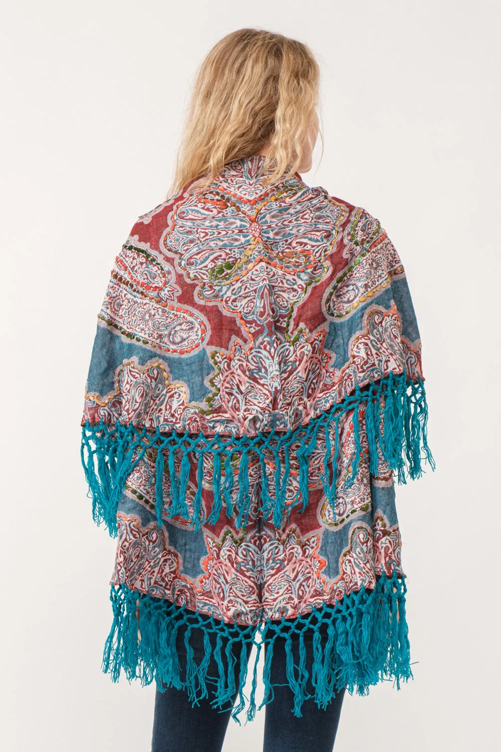 RAJ REGINA THICK STITCH EMBROIDERED PONCHO TEAL