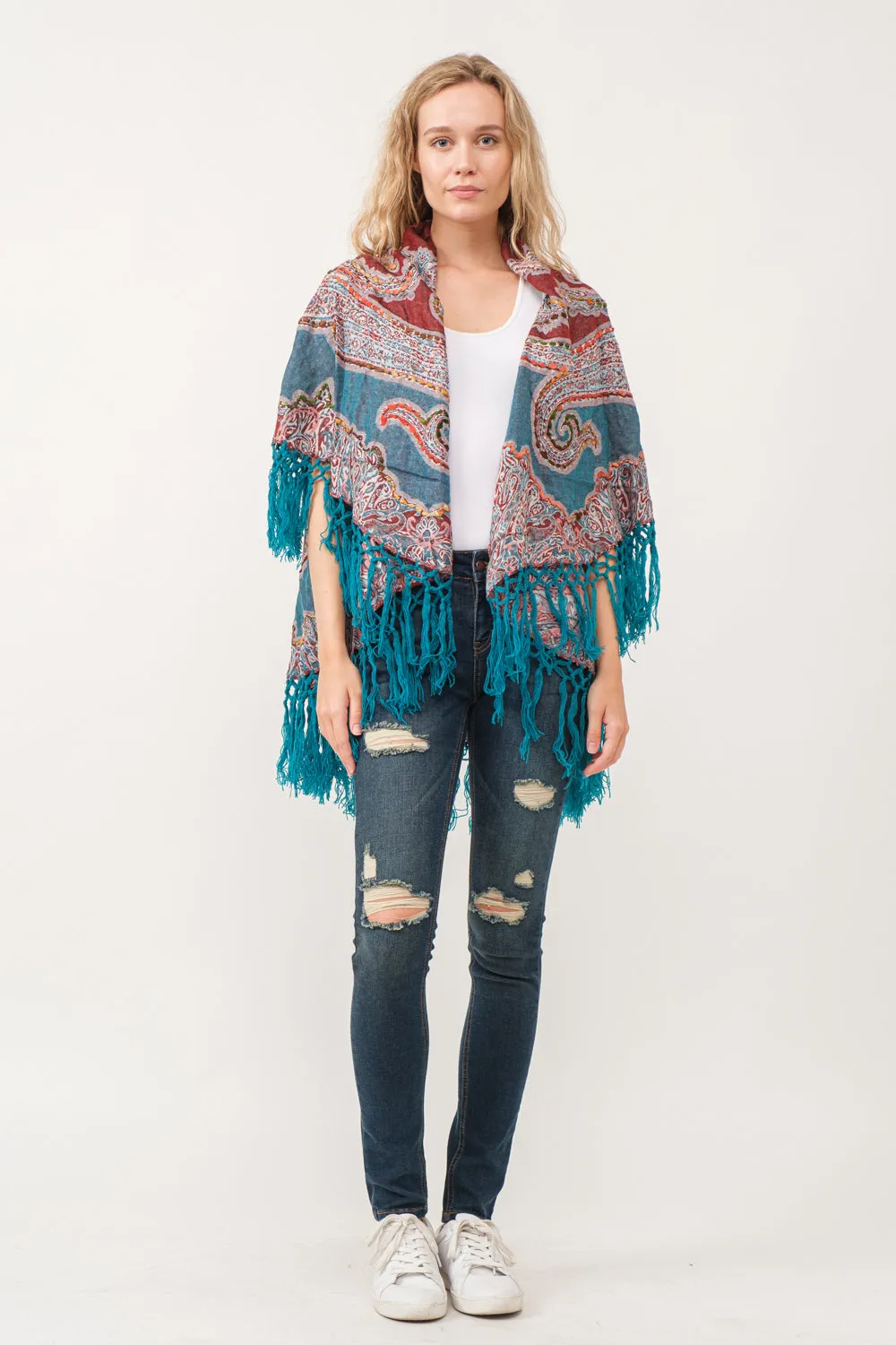 RAJ REGINA THICK STITCH EMBROIDERED PONCHO TEAL