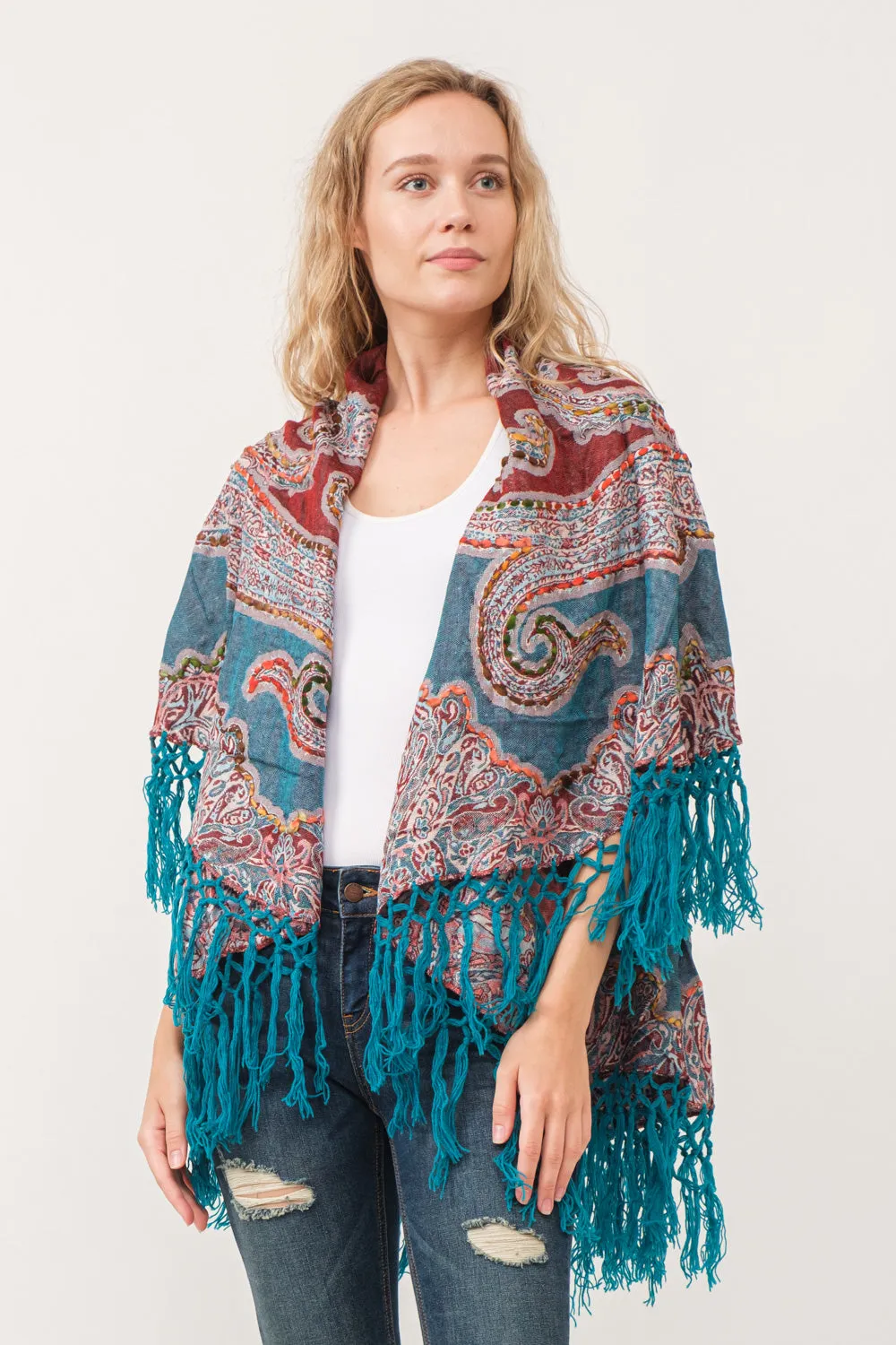 RAJ REGINA THICK STITCH EMBROIDERED PONCHO TEAL