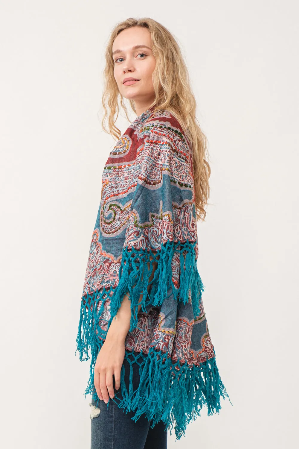 RAJ REGINA THICK STITCH EMBROIDERED PONCHO TEAL