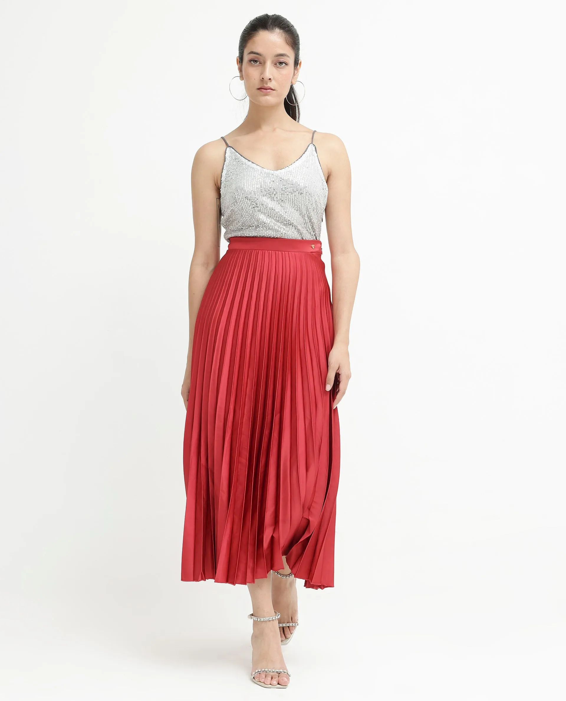 Rareism Women Shilton Maroon Polyester Fabric Solid Ankle Length Skirt