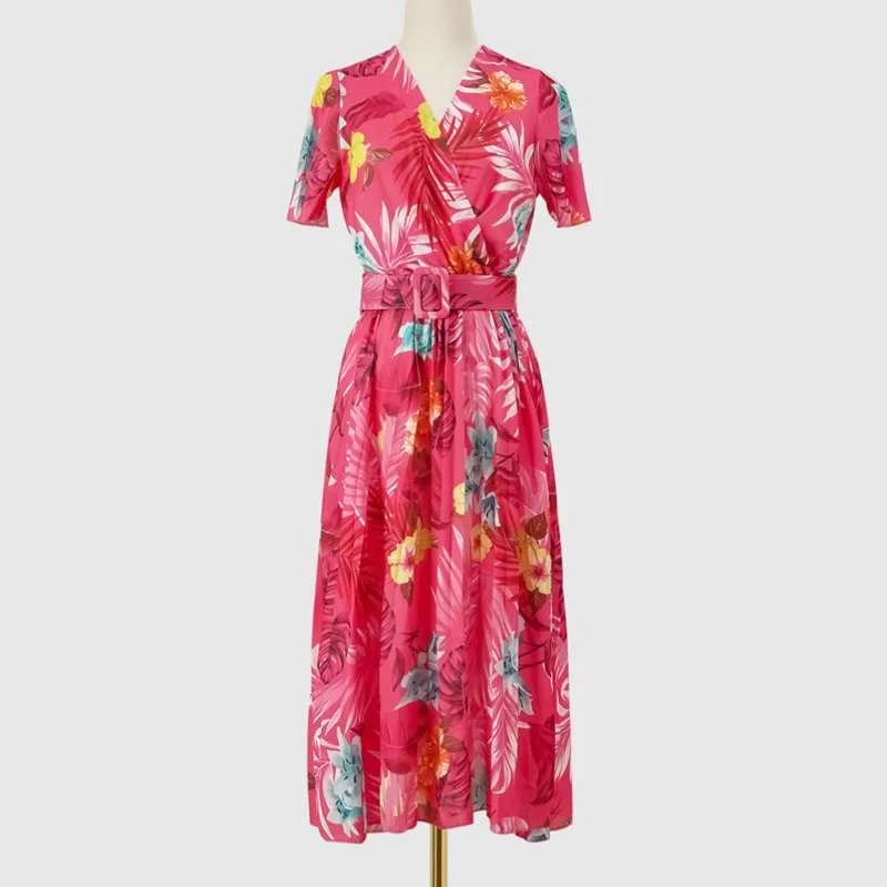 Red Floral Wrap Dress with Belt