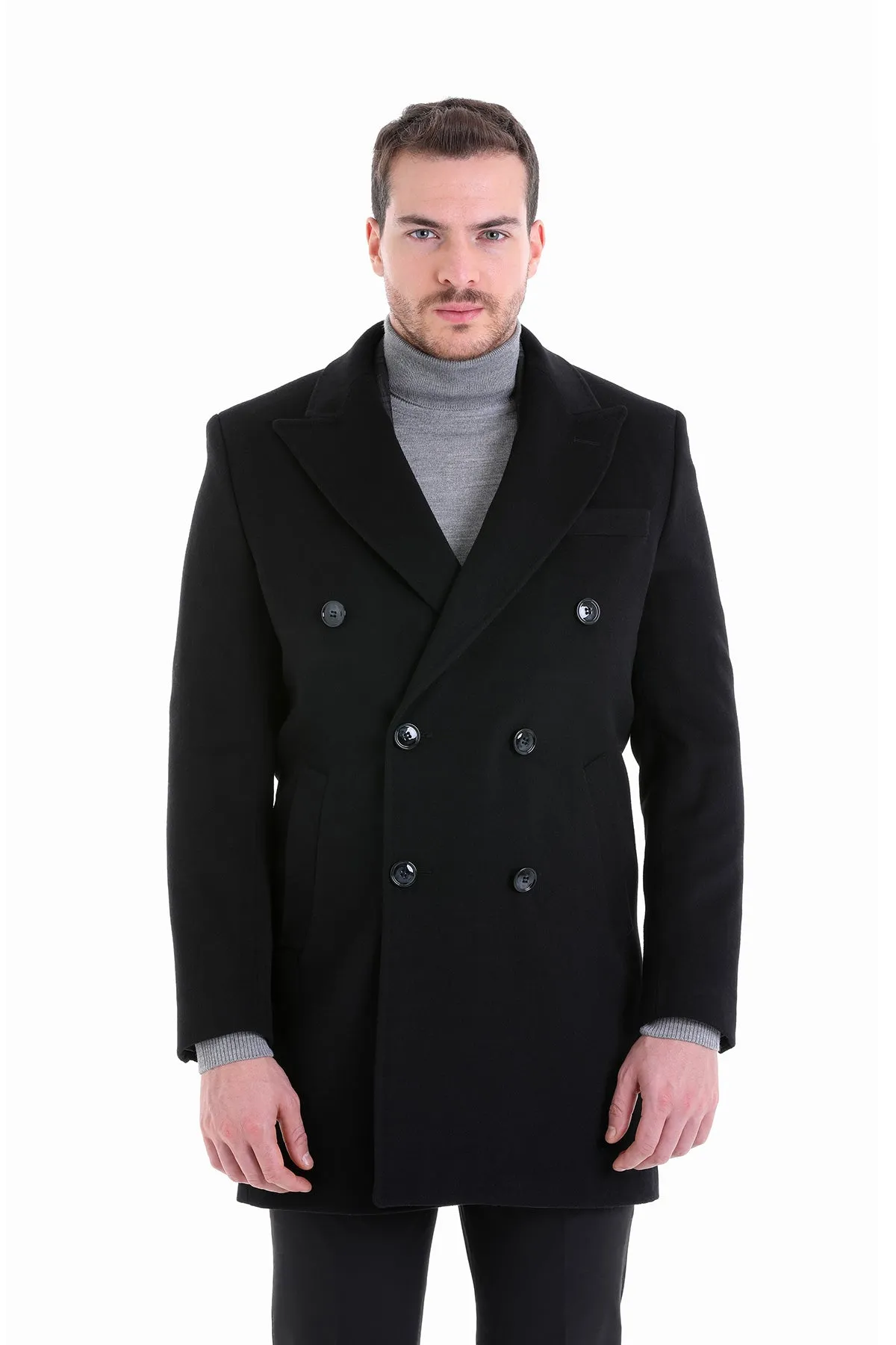 Regular Fit Cachet Double Breasted Wool Blend Black Overcoat