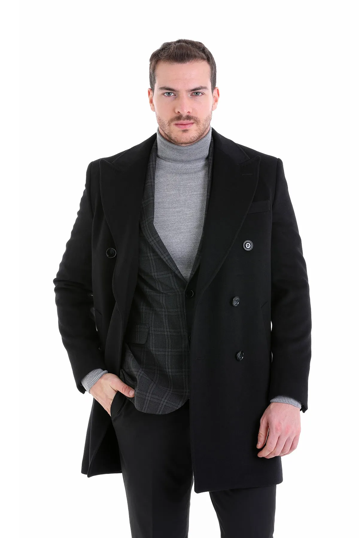 Regular Fit Cachet Double Breasted Wool Blend Black Overcoat