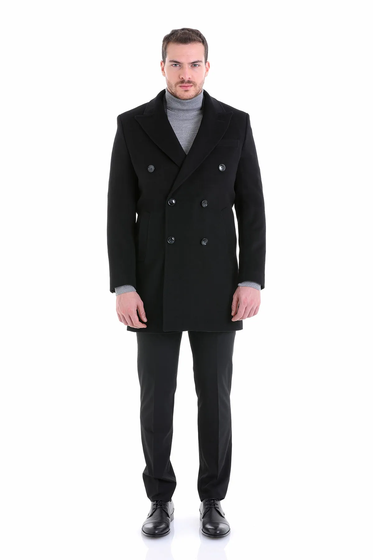 Regular Fit Cachet Double Breasted Wool Blend Black Overcoat