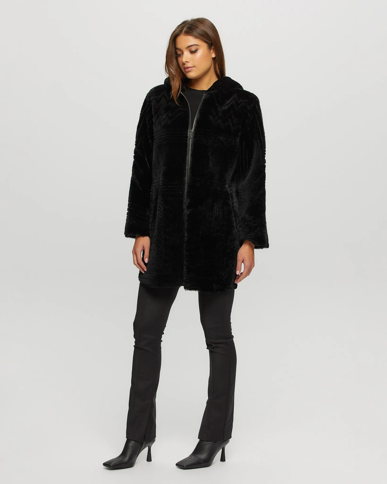 Reversible Select Shearling Lamb Parka with Grooved Pattern