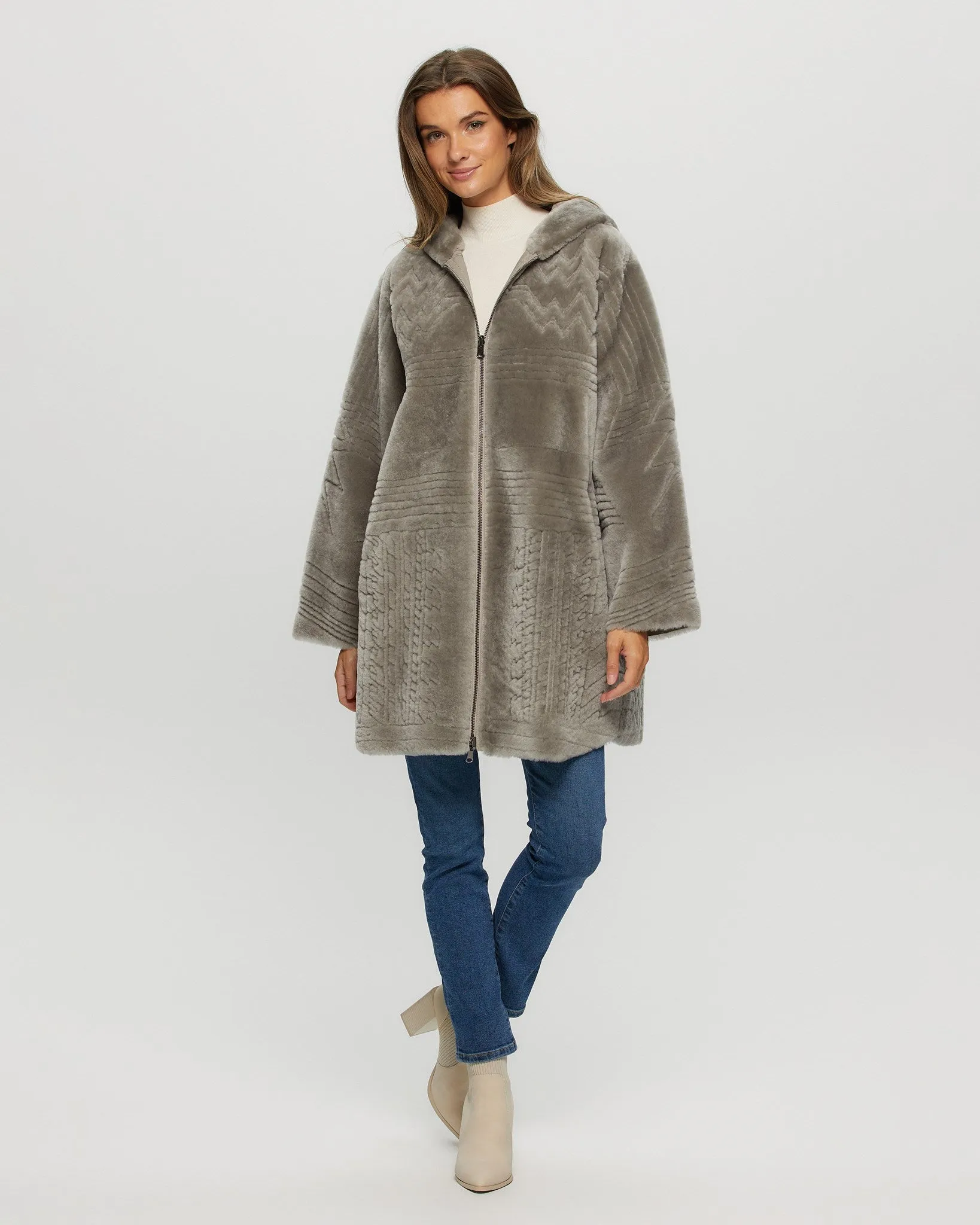 Reversible Select Shearling Lamb Parka with Grooved Pattern