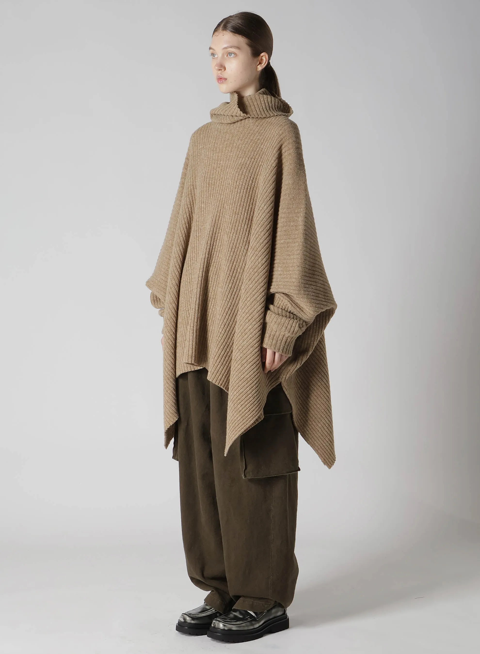 RIBBED HIGH NECK PONCHO WITH SLEEVE