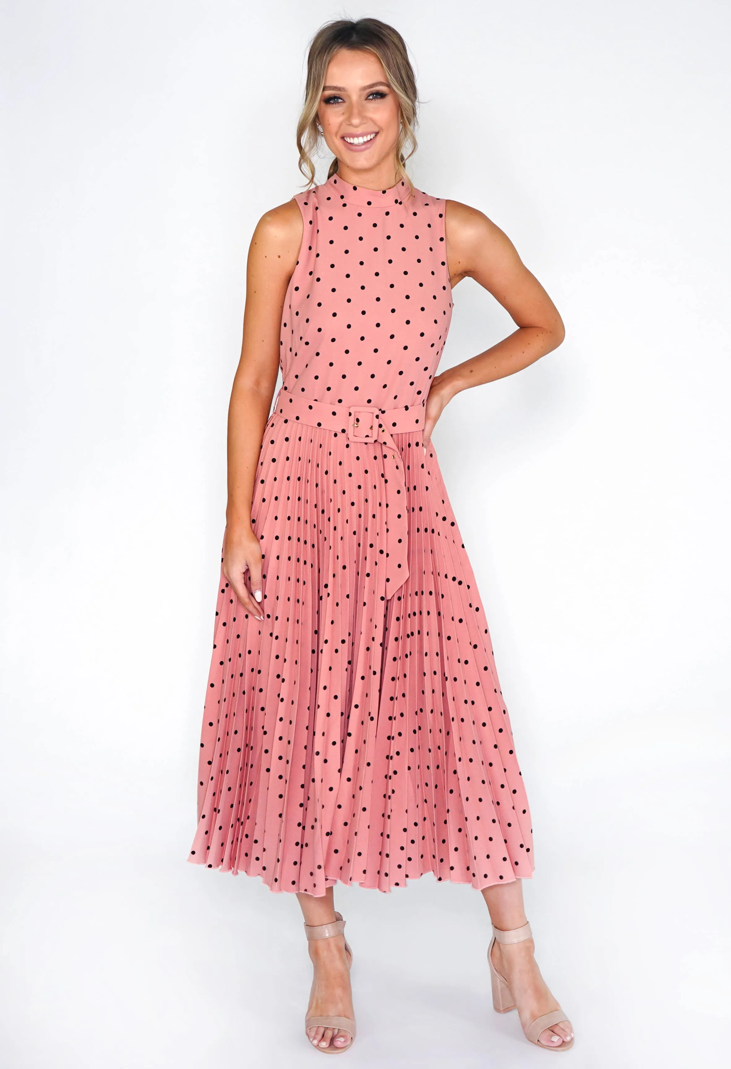 ROSE POLKA DOT PLEATED MIDI DRESS