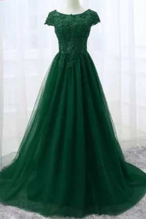 Round Neck Cap Sleeves Green/Red Lace Long Prom Dresses, Green/Red Tulle Lace Formal Evening Dresses A1397