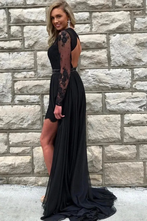 Round Neck Long Sleeves Open Back Lace Black Prom with Slit, Long Sleeves Black Lace Formal, Black Evening