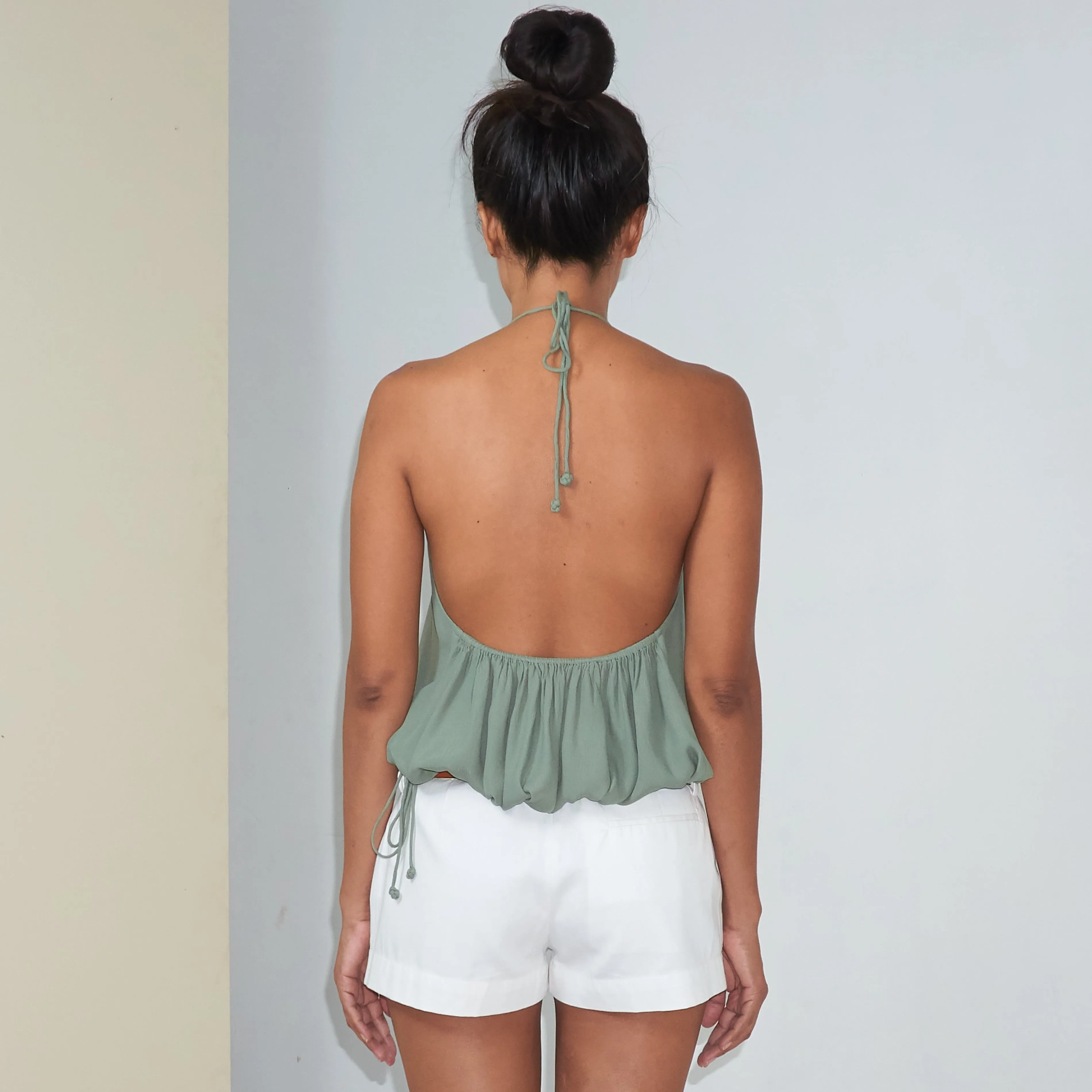 RUSH HALTER TOP - Rayon Fujette Crepe | Light Olive Green