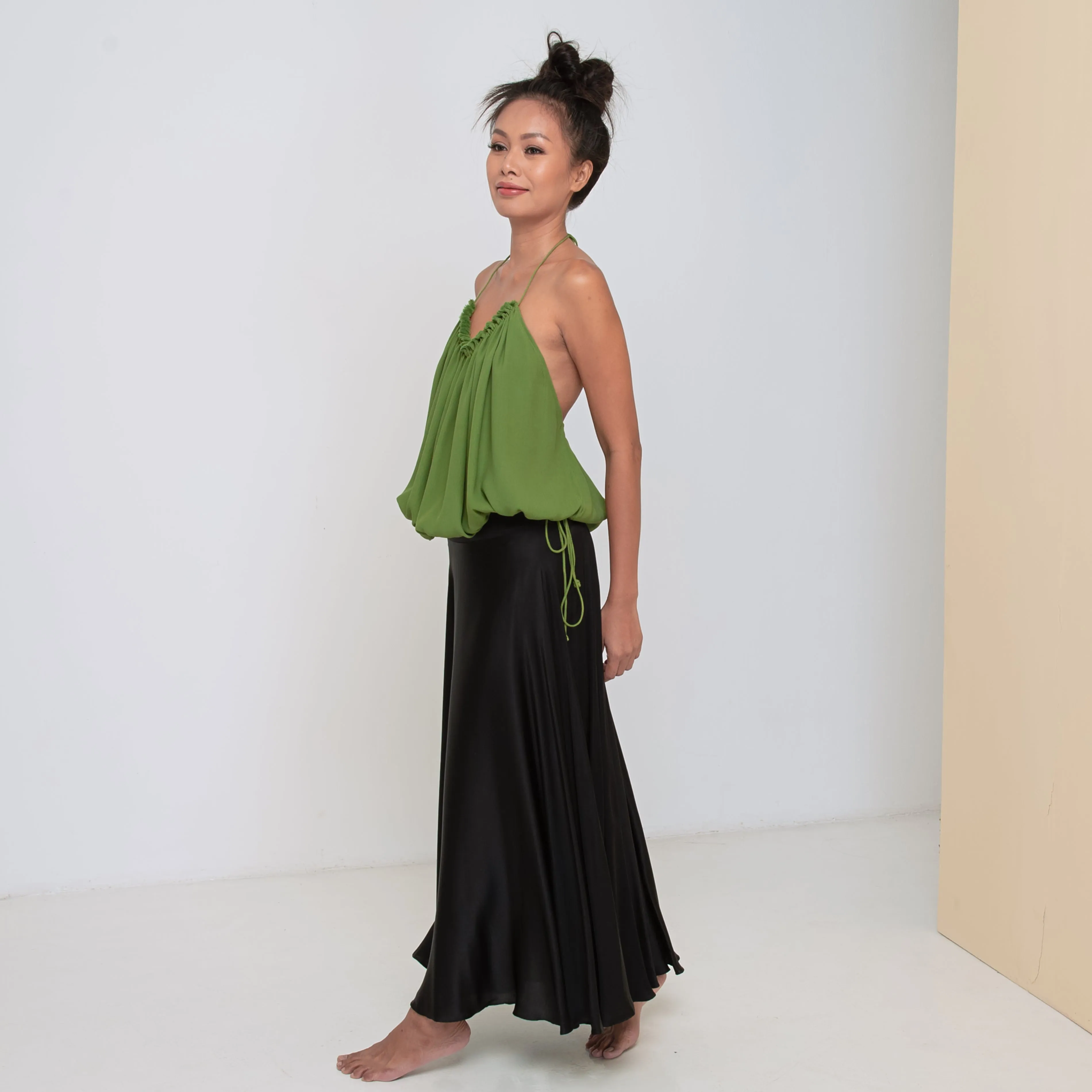 RUSH HALTER TOP - Rayon Fujette Crepe | Moss Green