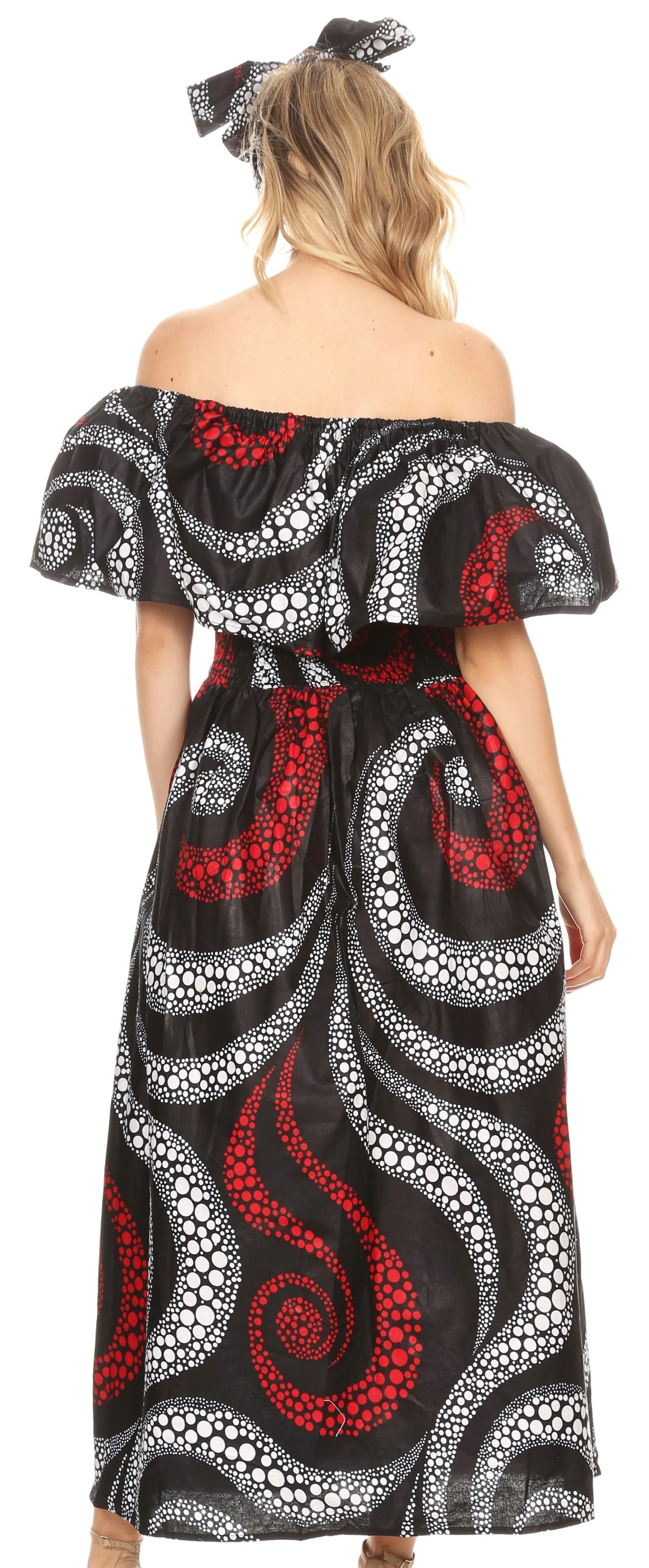 Sakkas Buhle Ruffle Off-shoulder Long Dress Wax African Ankara Dutch Print