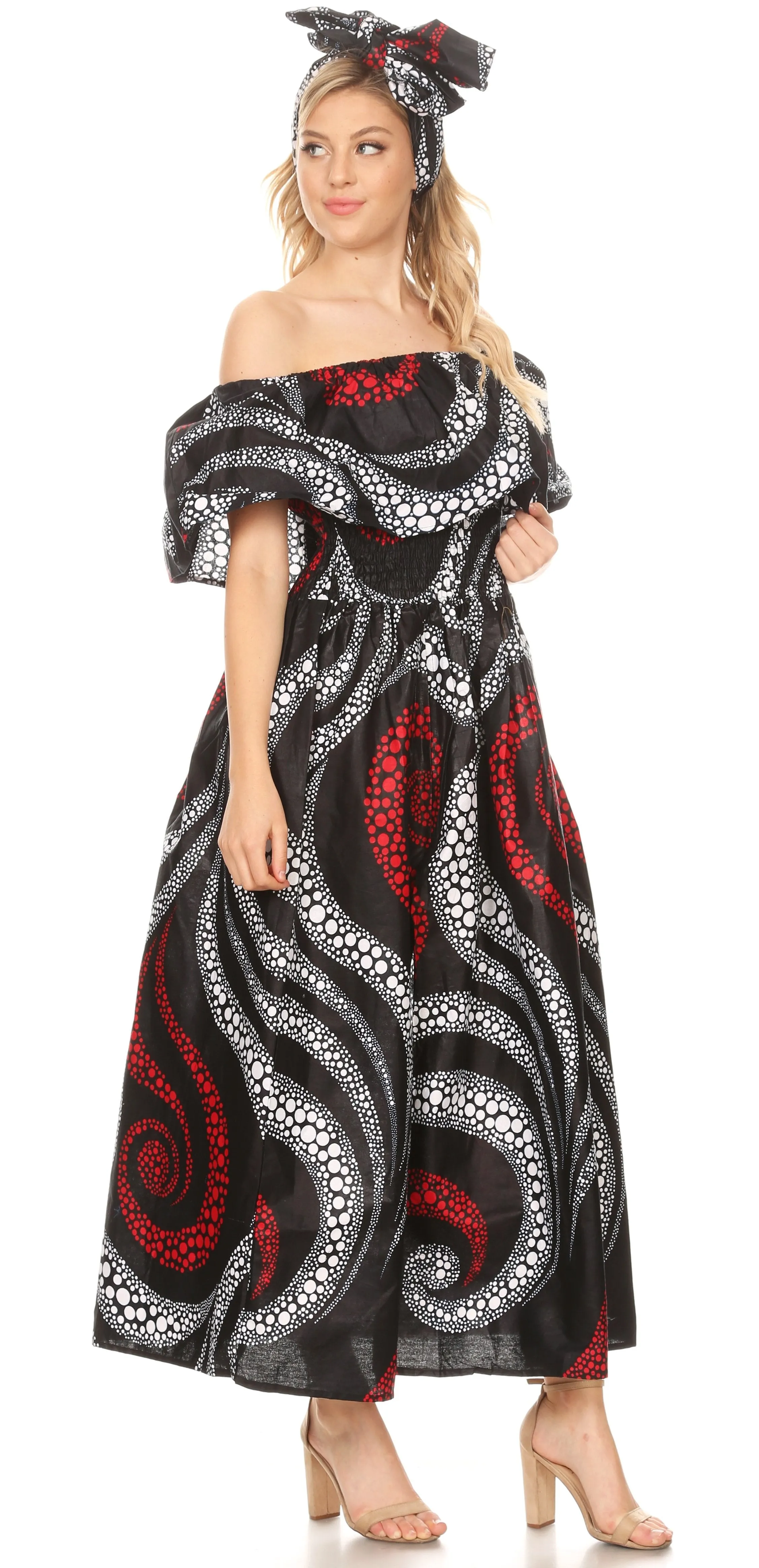 Sakkas Buhle Ruffle Off-shoulder Long Dress Wax African Ankara Dutch Print