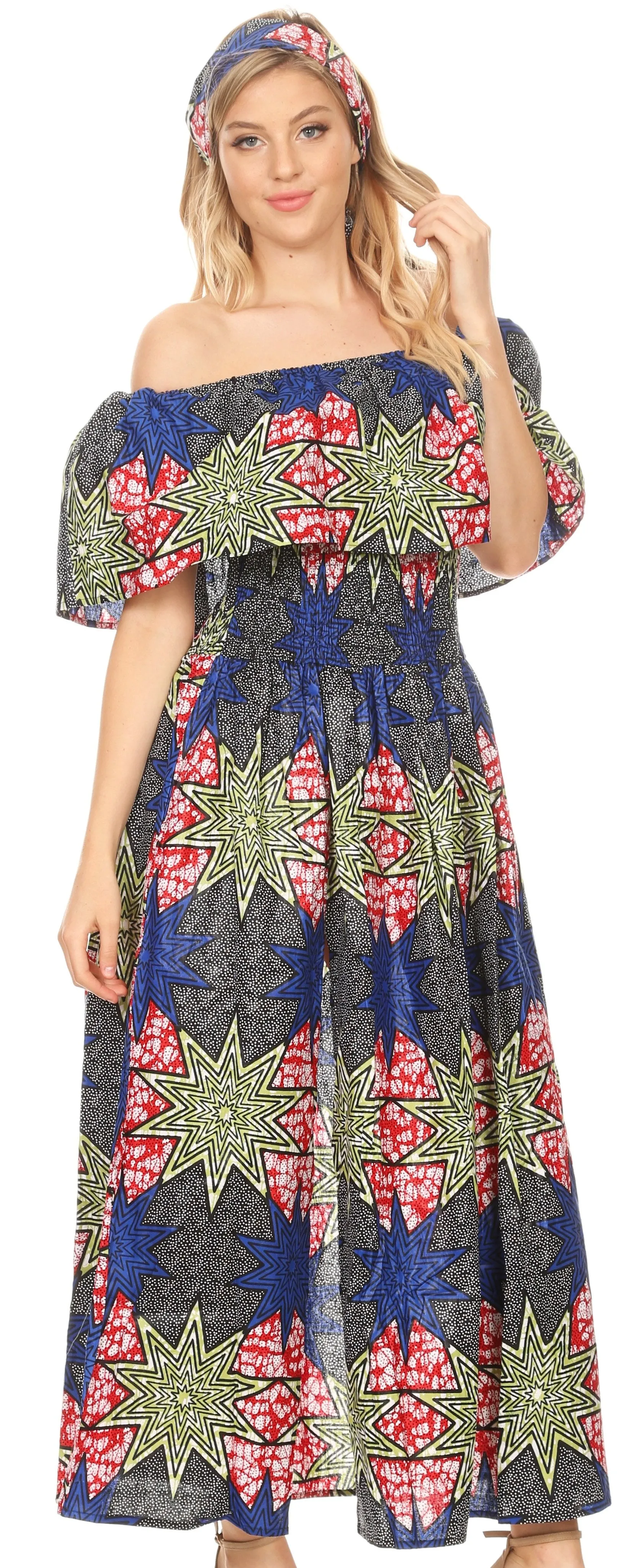 Sakkas Buhle Ruffle Off-shoulder Long Dress Wax African Ankara Dutch Print