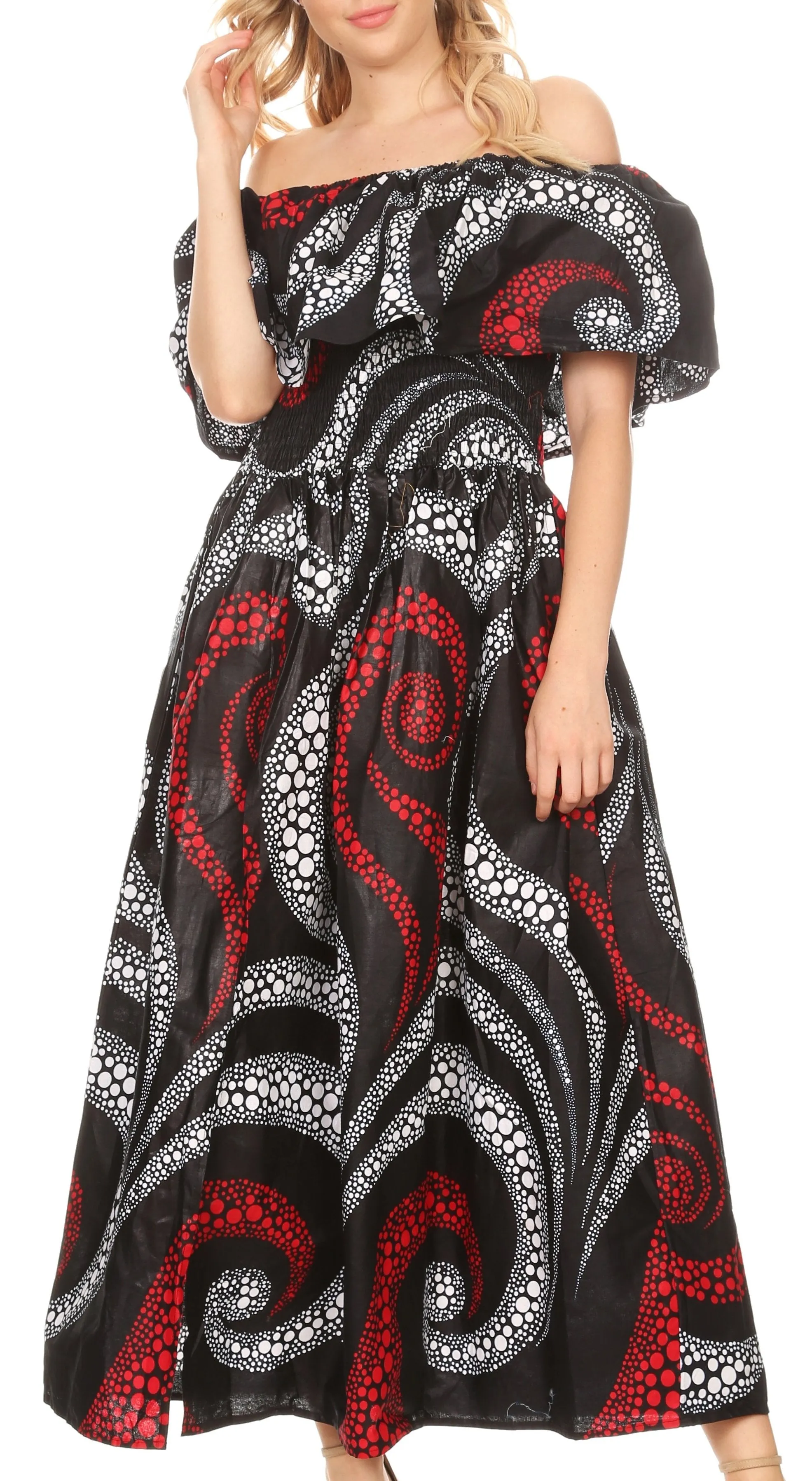 Sakkas Buhle Ruffle Off-shoulder Long Dress Wax African Ankara Dutch Print