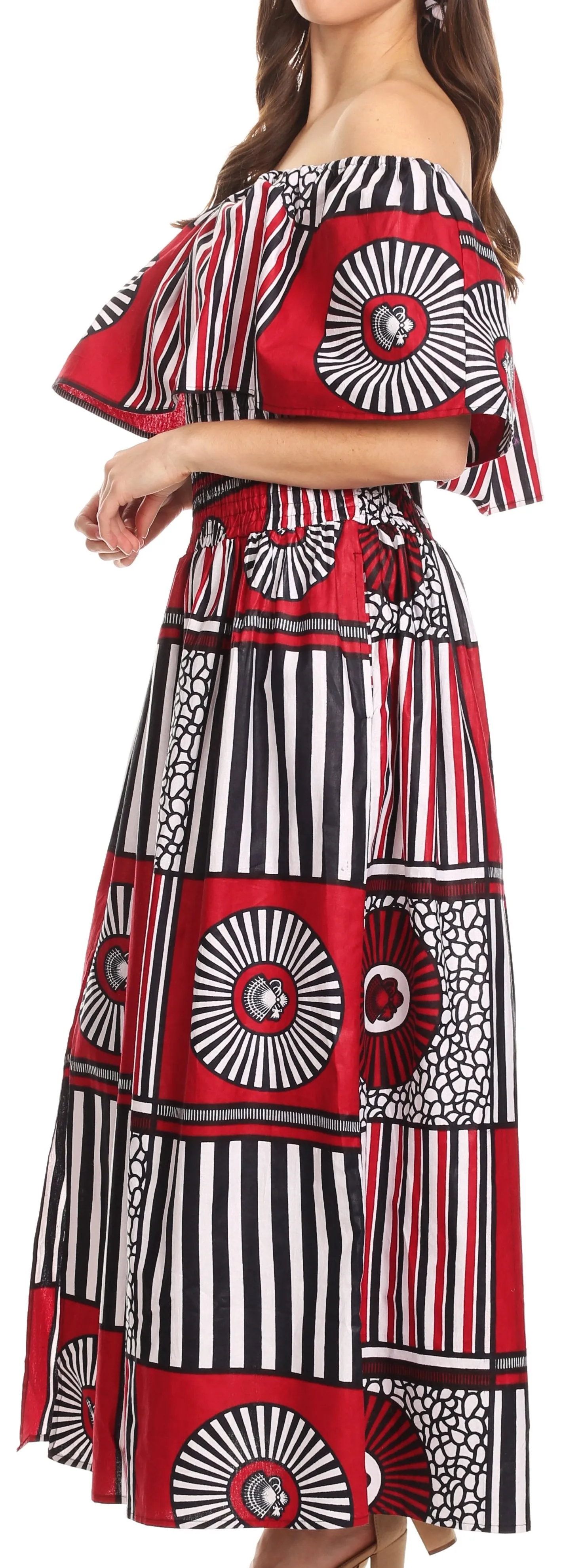 Sakkas Buhle Ruffle Off-shoulder Long Dress Wax African Ankara Dutch Print