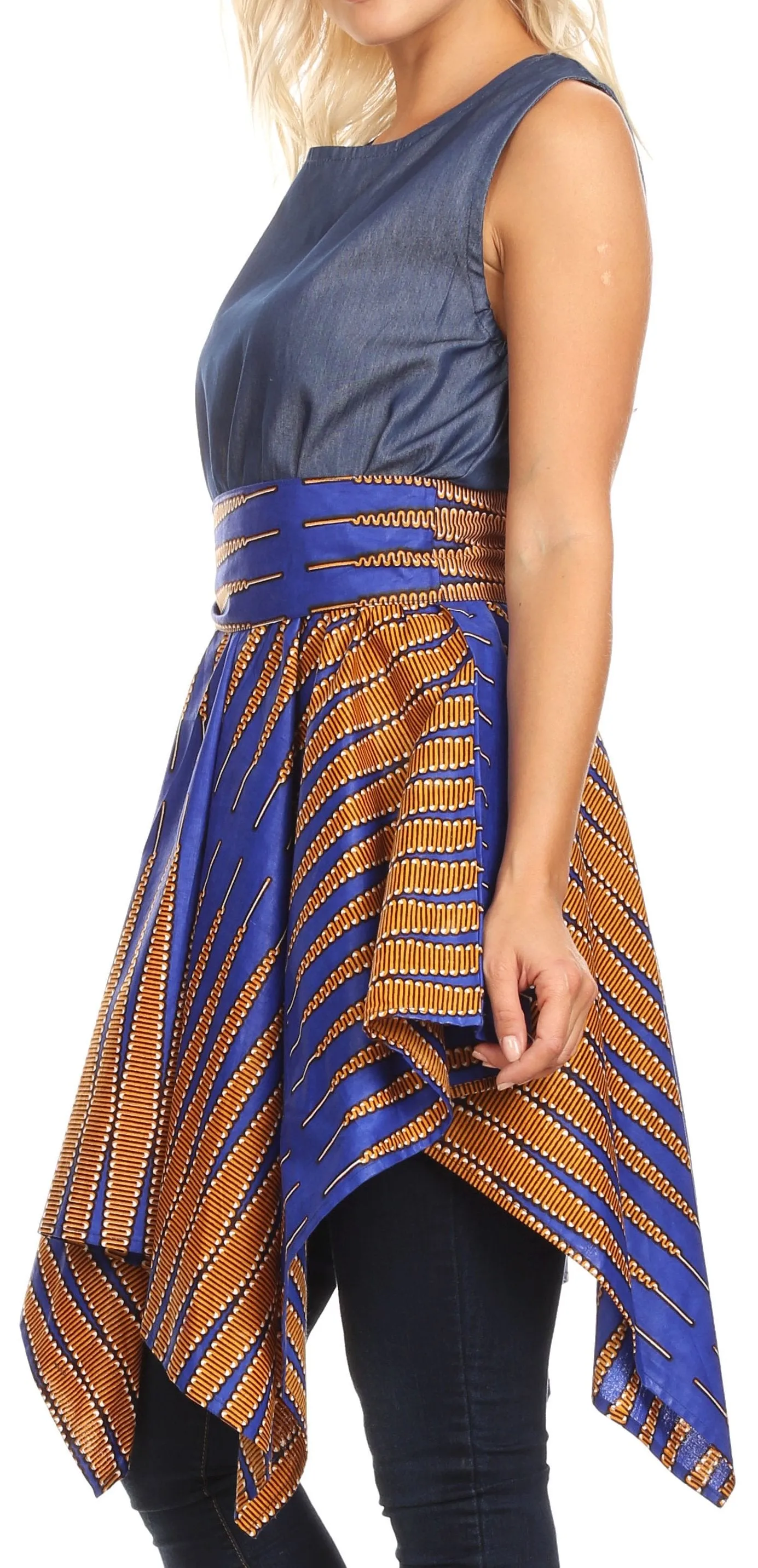 Sakkas Lani Womens Cocktail Sleeveless Hi-Lo Dress in African Print w/Pockets