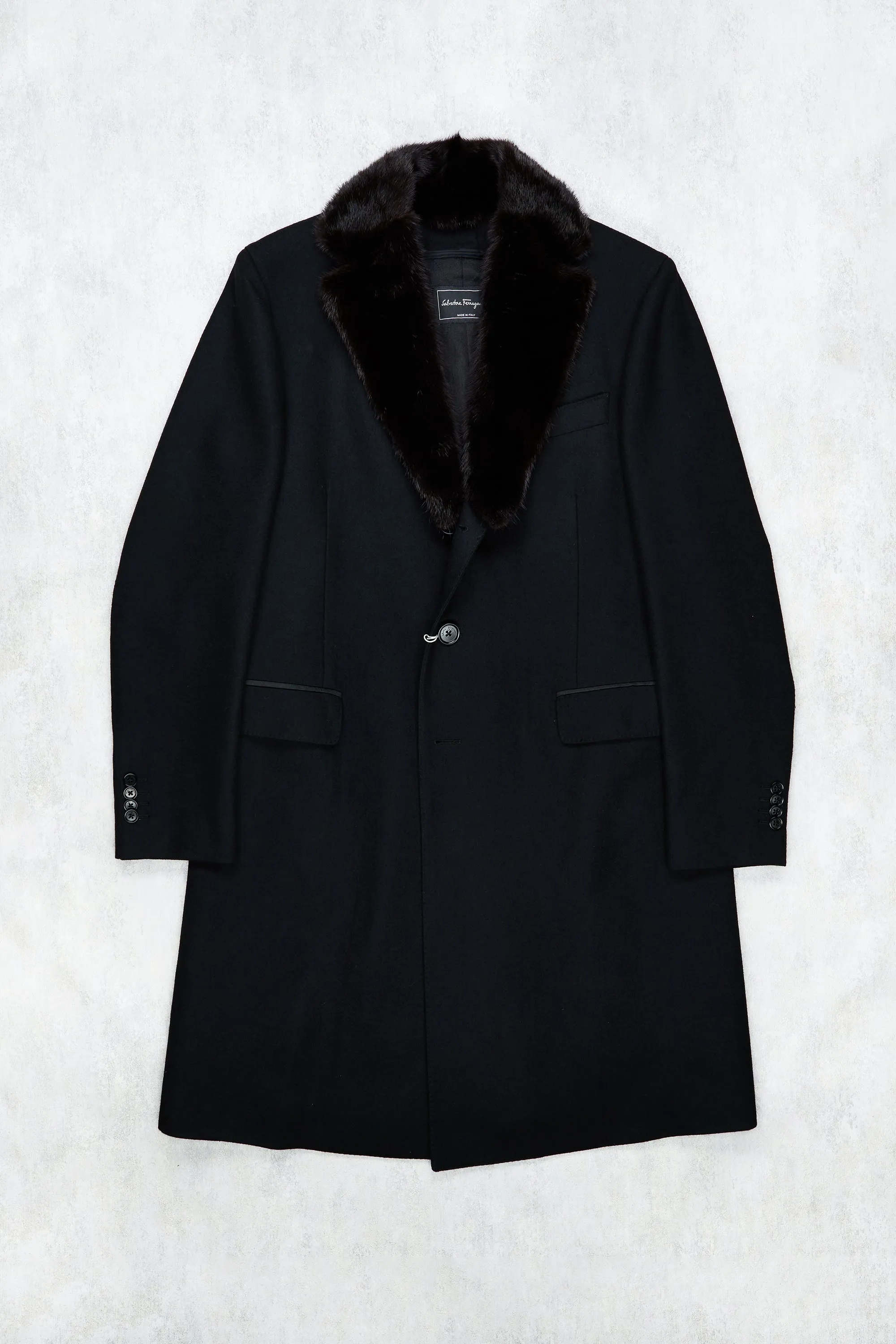 Salvatore Ferragamo Black Wool Overcoat with Detachable Fur Lapel