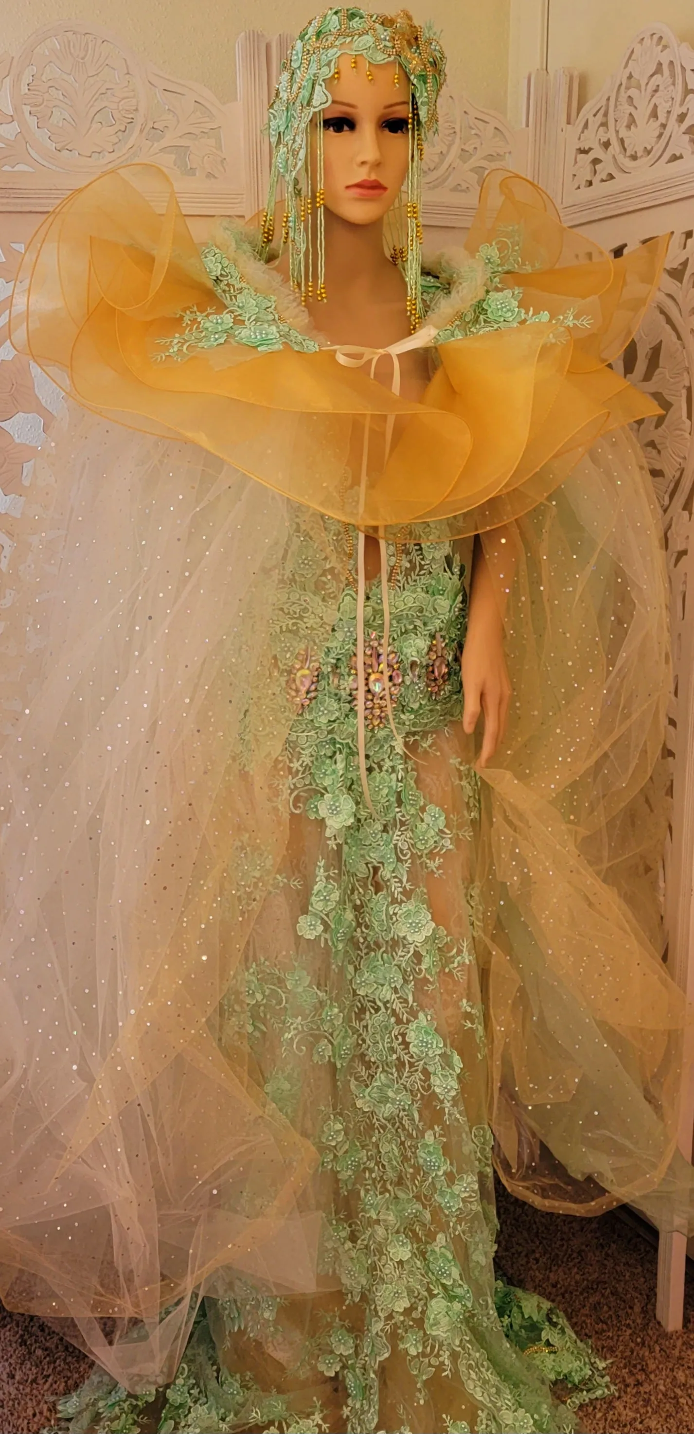 SAMPLE GOWN SET ONLY "Lady Stephanie" Mint Green Lace Organza Gatsby Inspired Wedding Gown Set