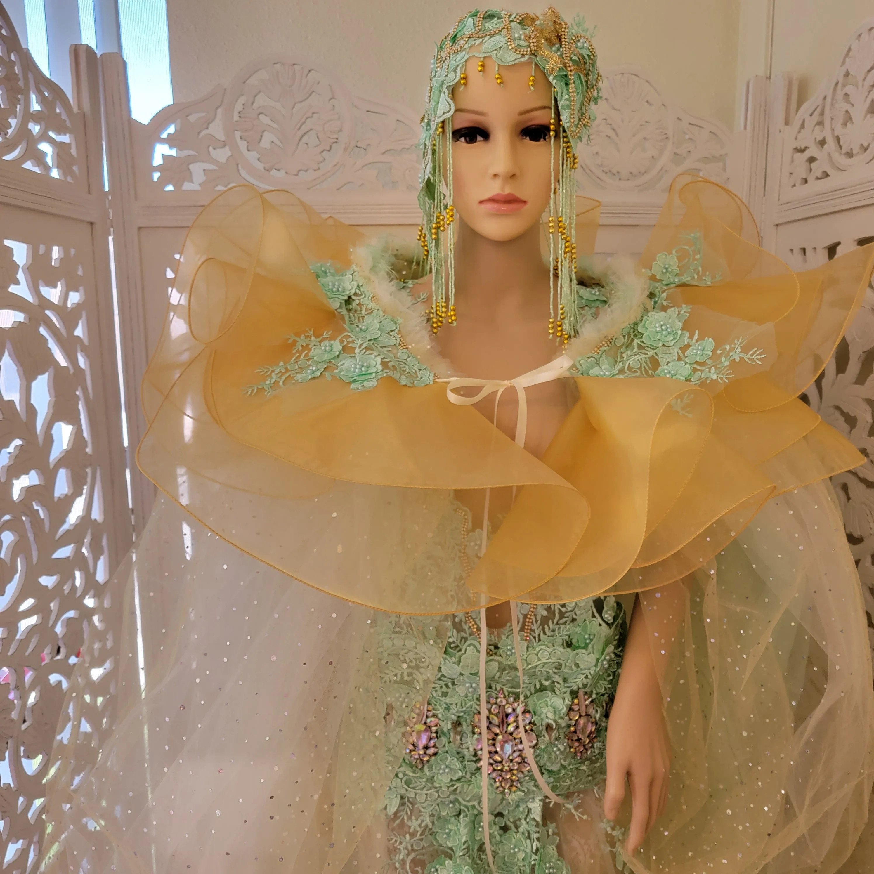 SAMPLE GOWN SET ONLY "Lady Stephanie" Mint Green Lace Organza Gatsby Inspired Wedding Gown Set