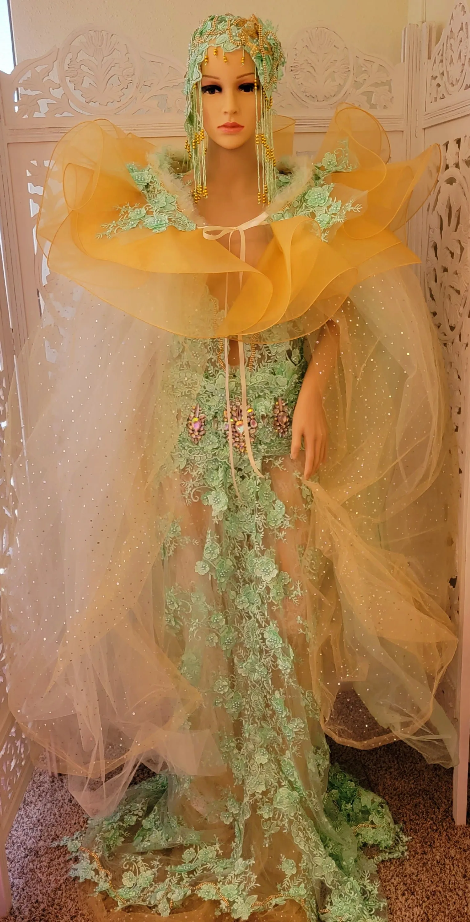 SAMPLE GOWN SET ONLY "Lady Stephanie" Mint Green Lace Organza Gatsby Inspired Wedding Gown Set