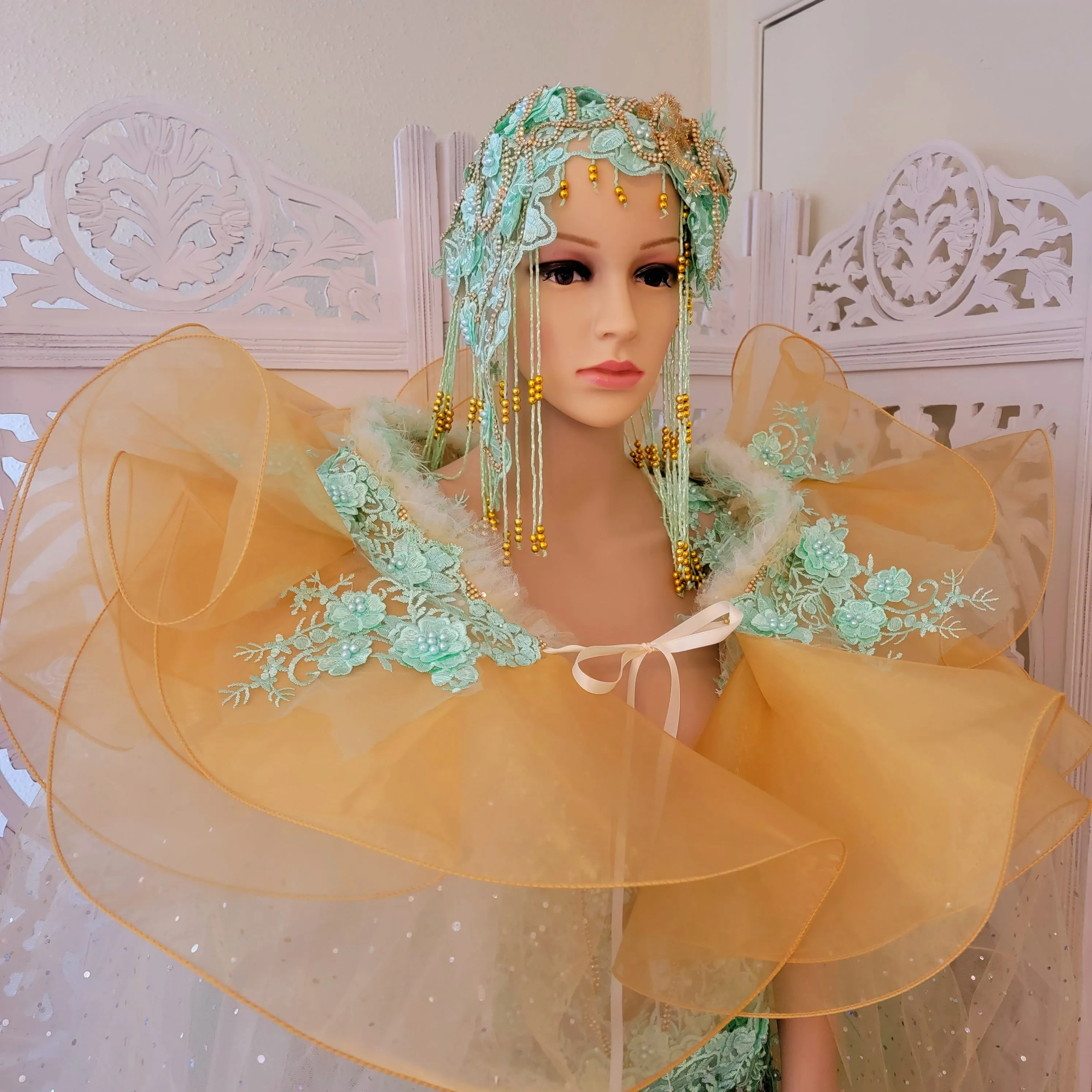 SAMPLE GOWN SET ONLY "Lady Stephanie" Mint Green Lace Organza Gatsby Inspired Wedding Gown Set