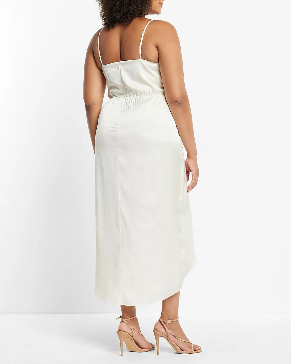 Satin Faux Wrap Tie Waist Hi-Lo Midi Dress in Swan