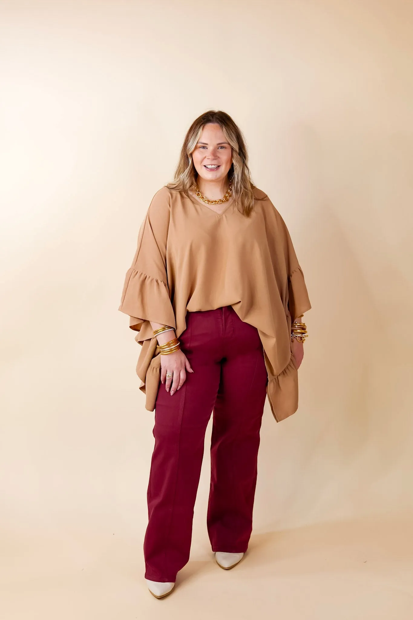 Secret Strength Ruffle Detail Poncho Top in Mocha Brown