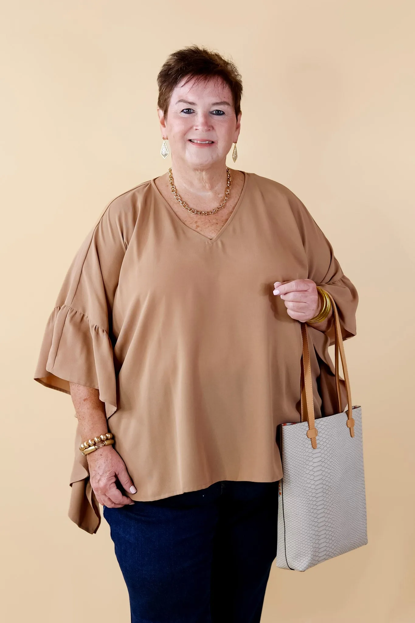 Secret Strength Ruffle Detail Poncho Top in Mocha Brown