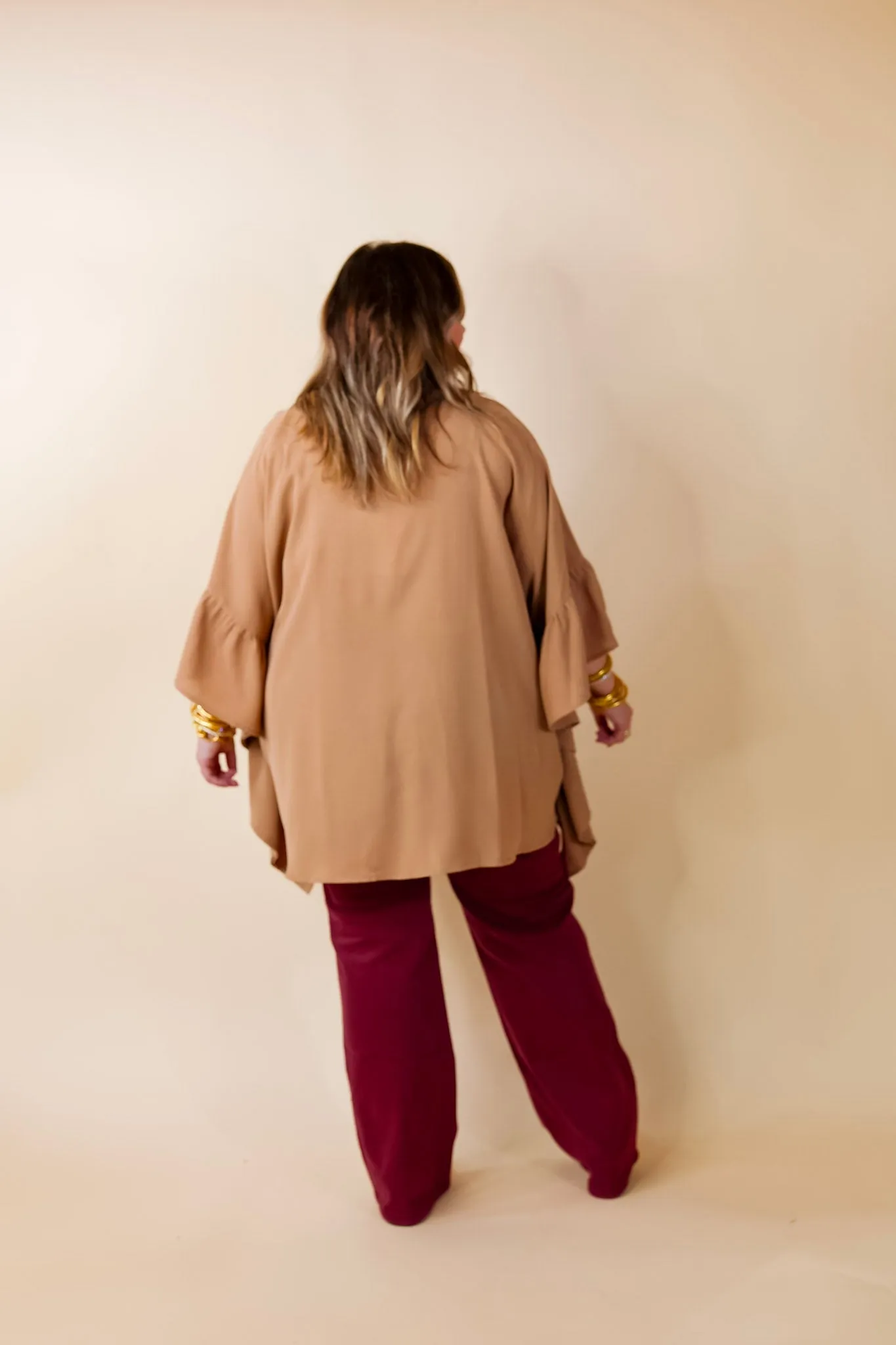 Secret Strength Ruffle Detail Poncho Top in Mocha Brown