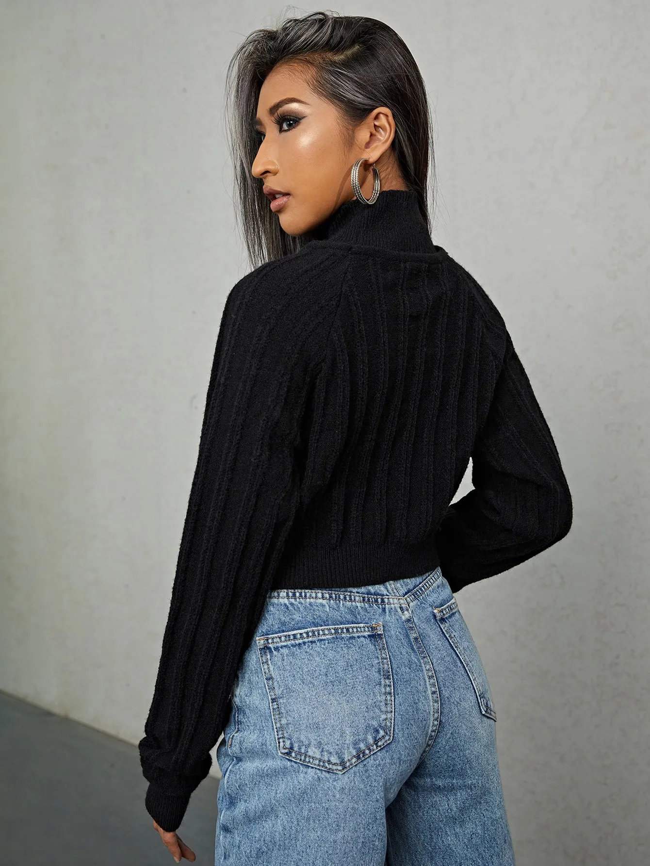 Sexy Plain Cut Out Long Sleeve High Neck Crop Women Sweater