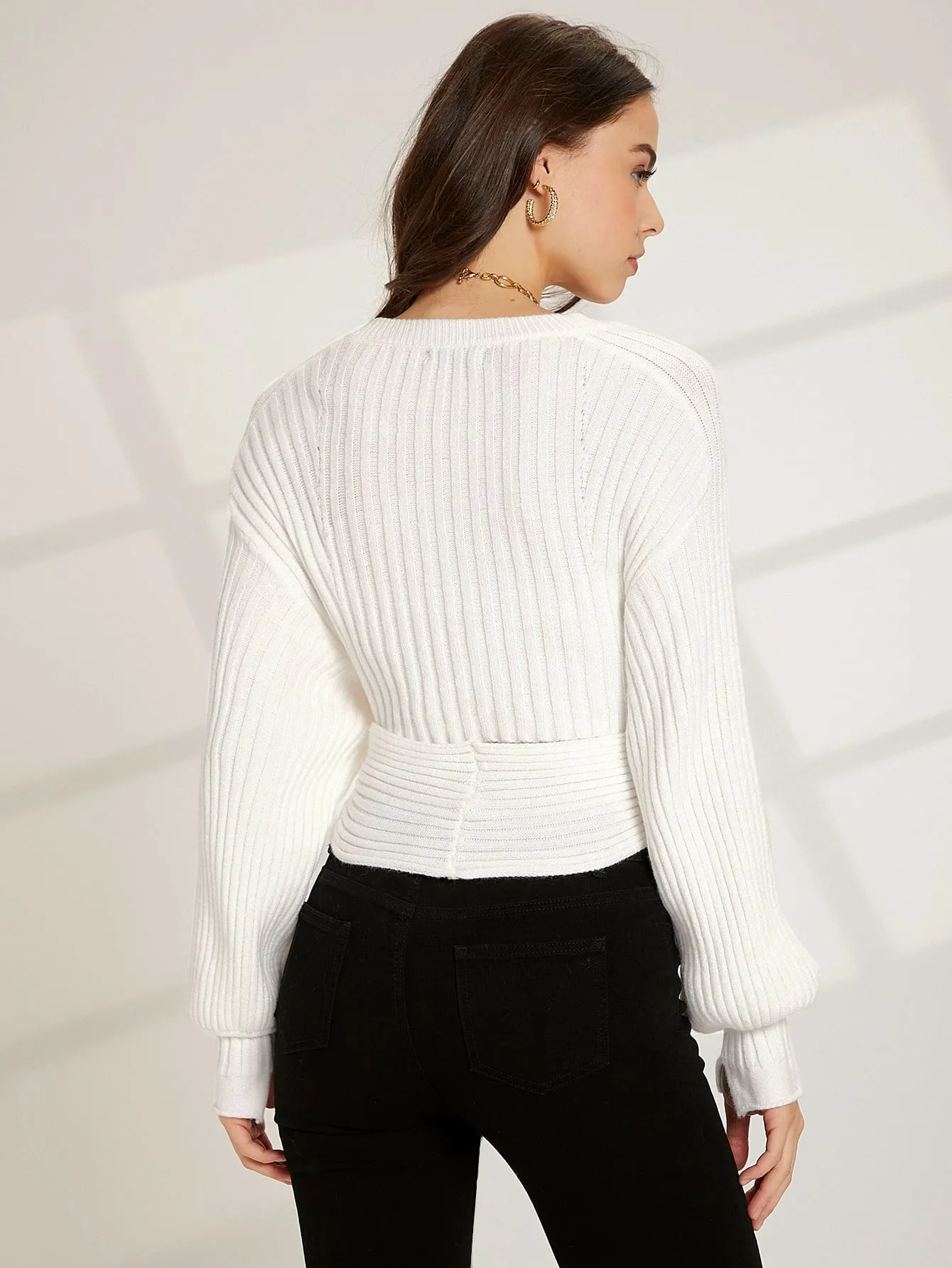 Sexy Plain Wrap Long Sleeve Boat Neck Crop Women Sweater