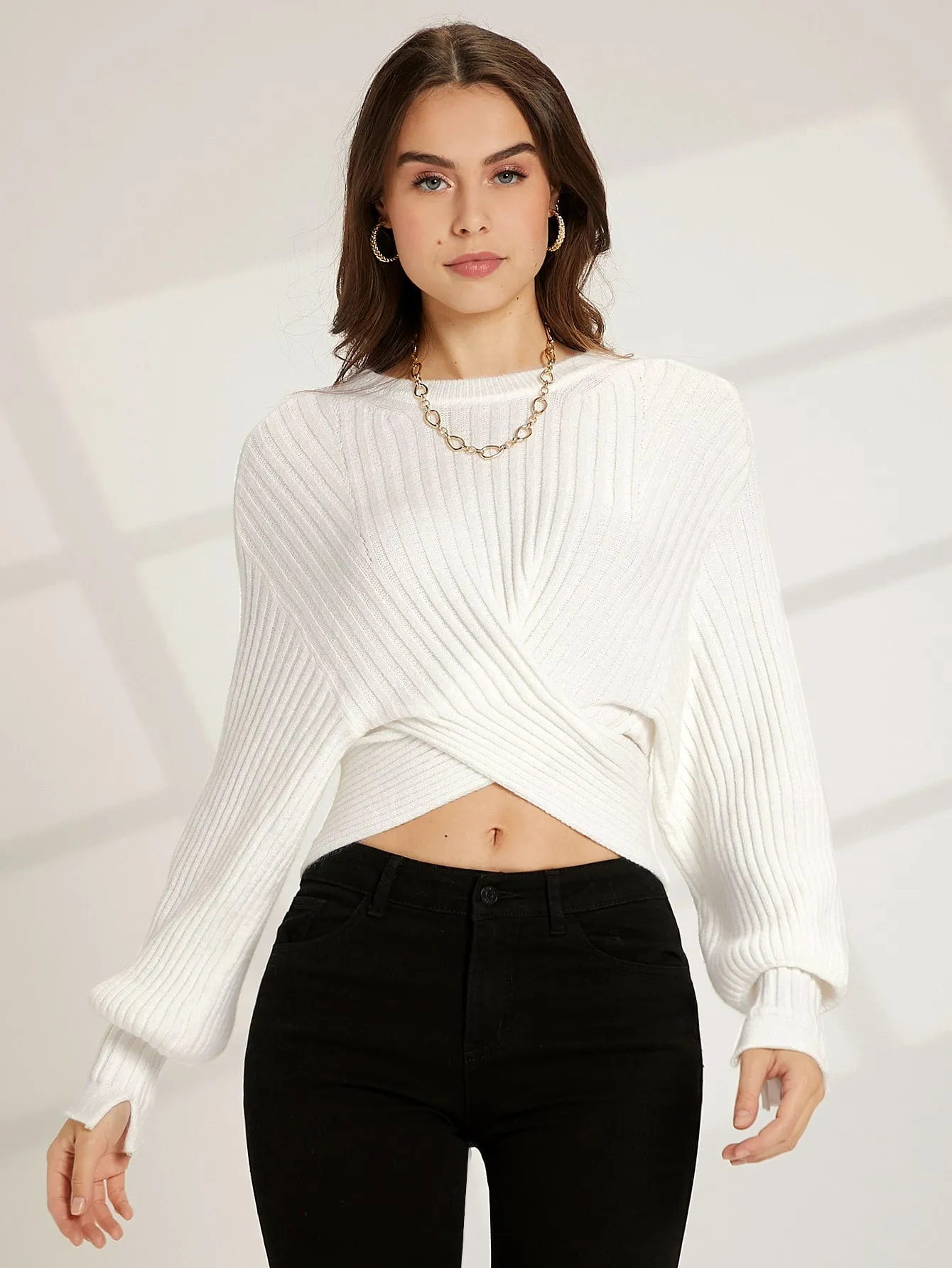 Sexy Plain Wrap Long Sleeve Boat Neck Crop Women Sweater