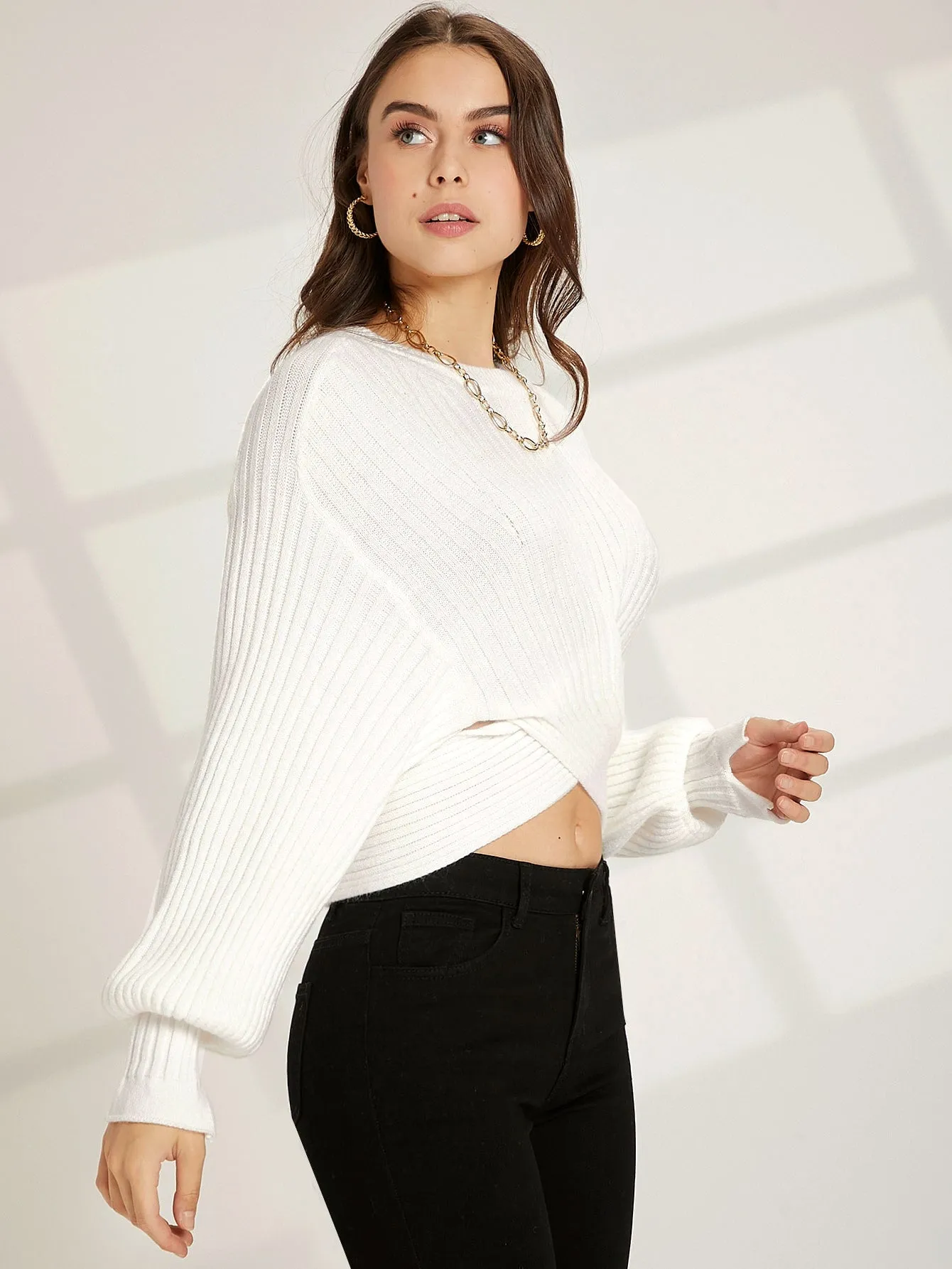 Sexy Plain Wrap Long Sleeve Boat Neck Crop Women Sweater