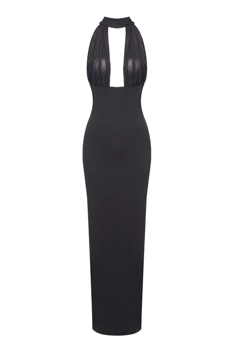 Sexy Sheer Mesh Plunge Halter Wrap Tie Draped Sheath Evening Maxi Dress