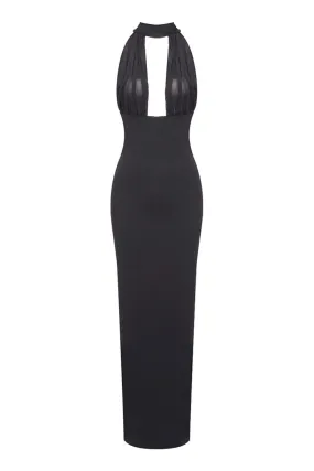 Sexy Sheer Mesh Plunge Halter Wrap Tie Draped Sheath Evening Maxi Dress