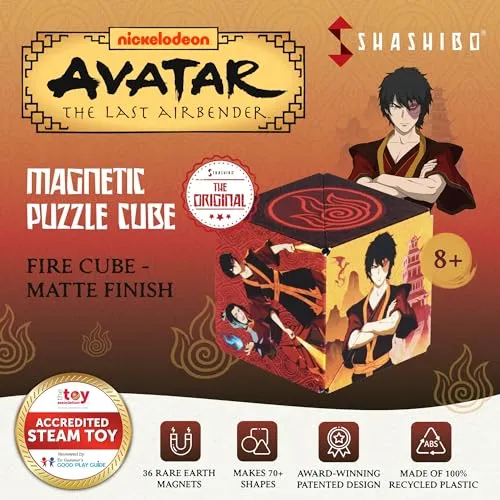 SHASHIBO Avatar The Last Airbender Shape Shifting Box - Award-Winning, Patented Magnetic Puzzle Cube w/ 36 Rare Earth Magnets - Fidget Transforms Into Over 70 Shapes (Avatar - Fire)