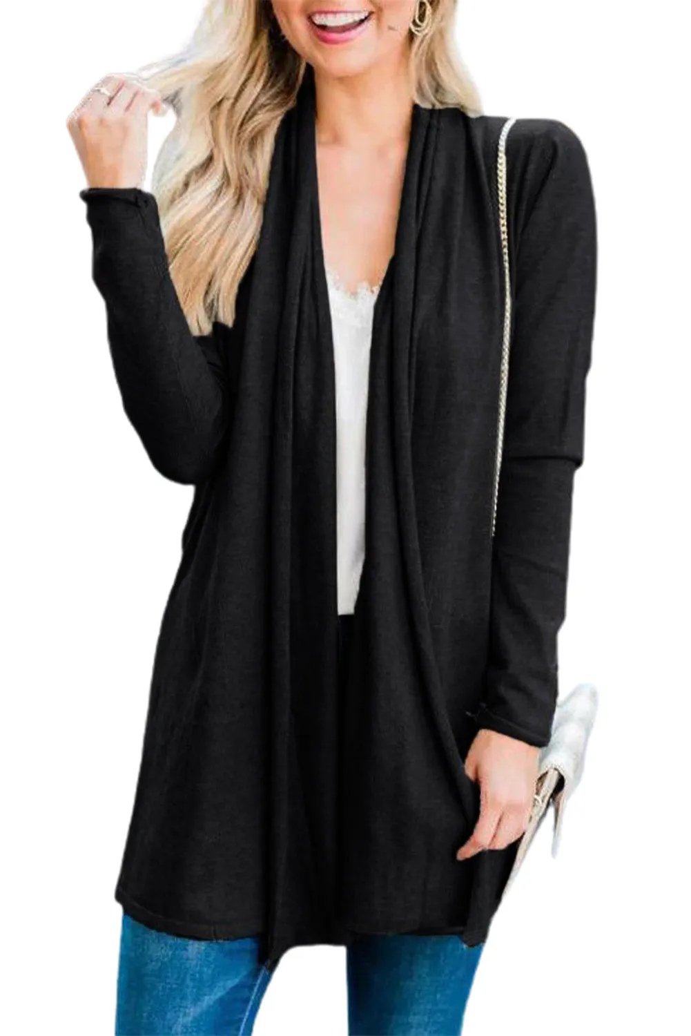 Shawl Neckline Open Front Cardigan