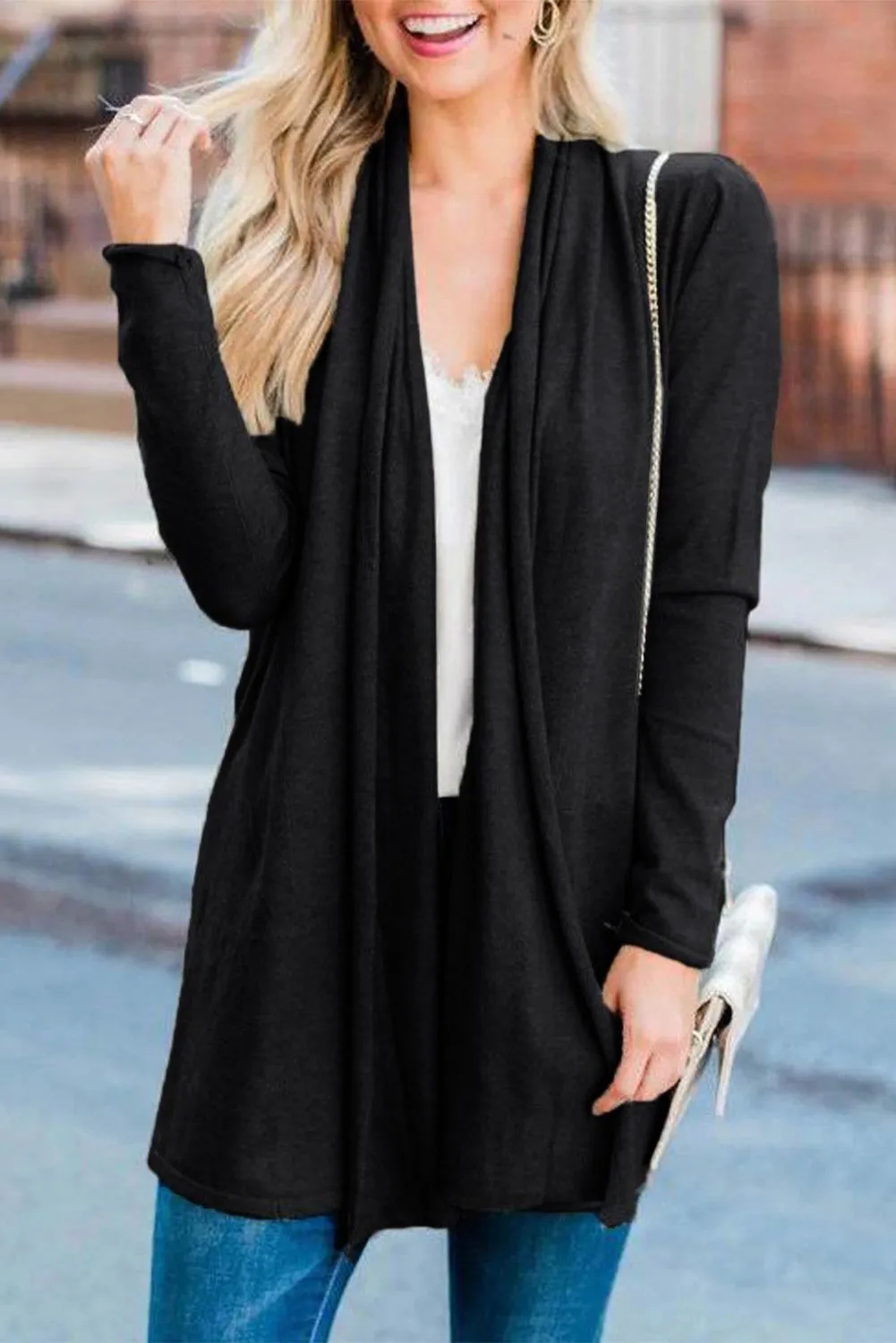 Shawl Neckline Open Front Cardigan