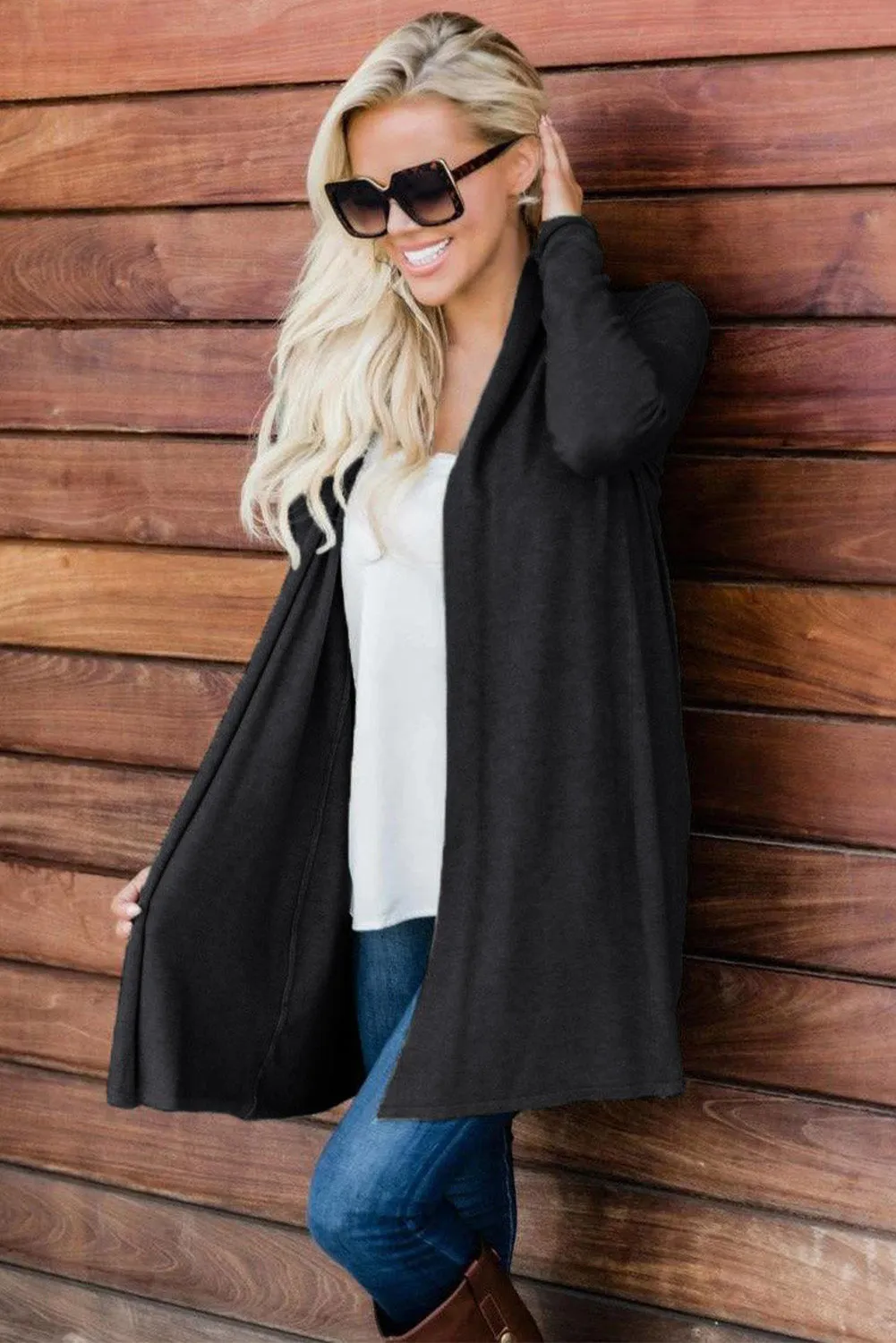 Shawl Neckline Open Front Cardigan