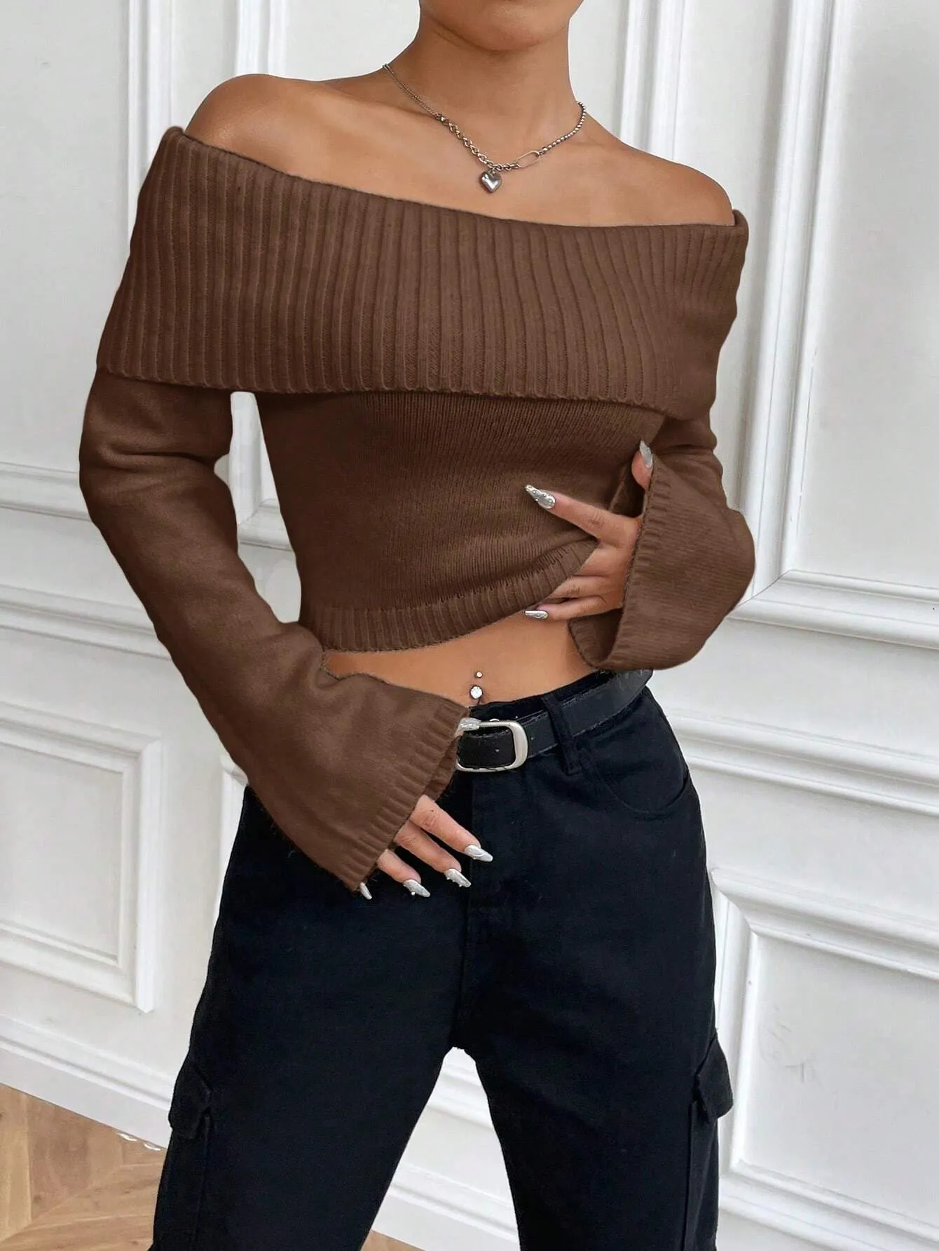 SHEIN MOOSTA Off-Shoulder Casual All-Match Sweater